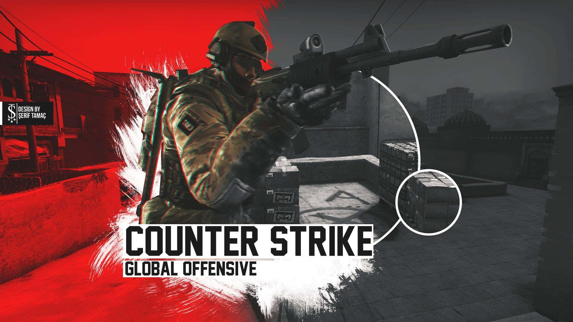 Counterstrike 桌布 壁紙 — 一名身穿迷彩服的士兵在屋頂上瞄準步槍，帶有紅色和黑色的城市戰爭圖形。