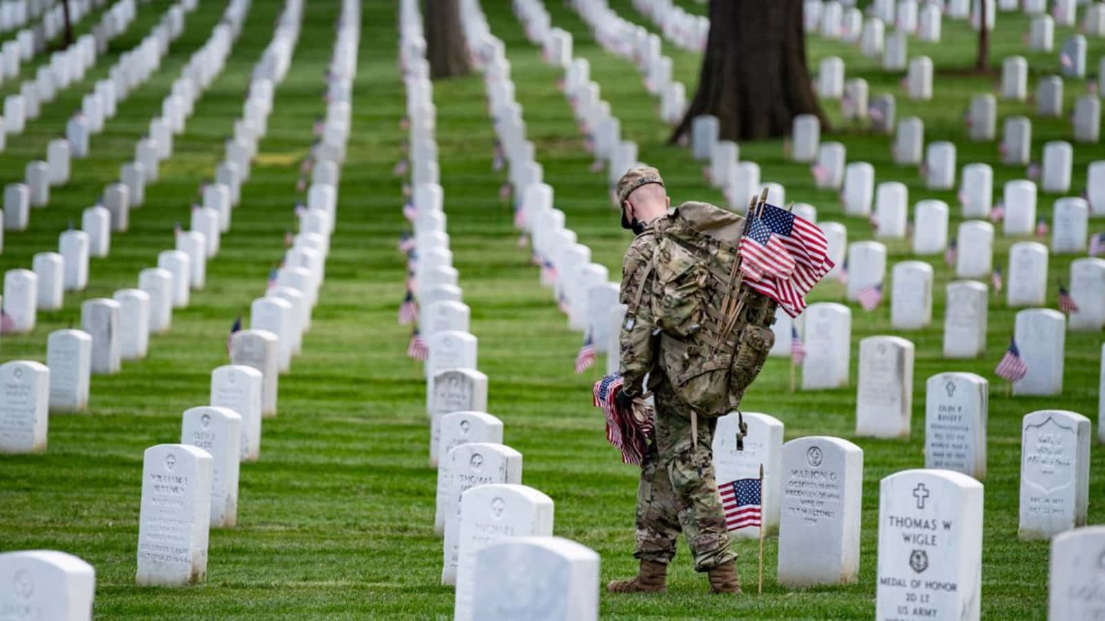 Memorial Day 桌布 壁紙 — 一名身穿迷彩服的士兵在插有美國國旗的軍事墓園中，莊嚴地走過一排排白色墓碑。