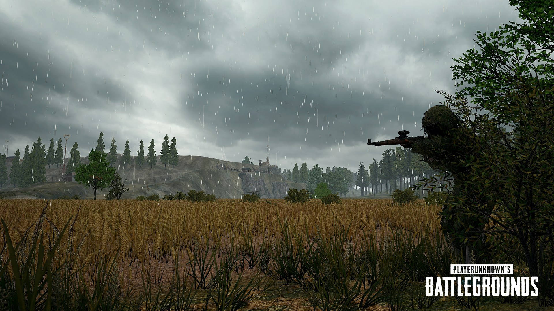 身穿迷彩服的士兵在暴風雨中躲在雨田的灌木叢後面。 — PUBG 4K 壁紙 壁紙