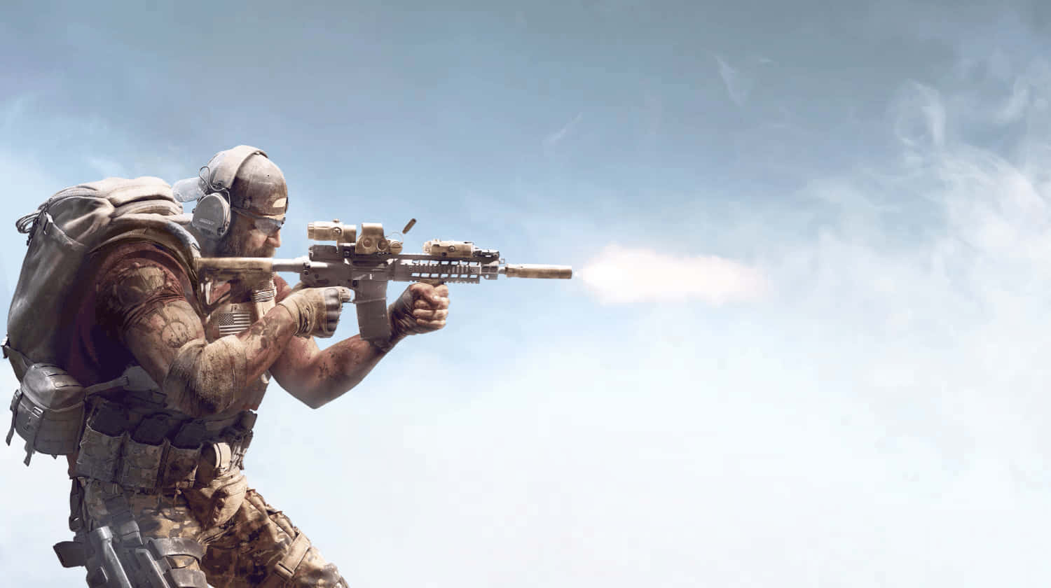 tom clancy's ghost recon wildlands 桌布 壁紙 — 一名身穿迷彩服的士兵在朦朧的天空下開槍，槍口閃現火光。