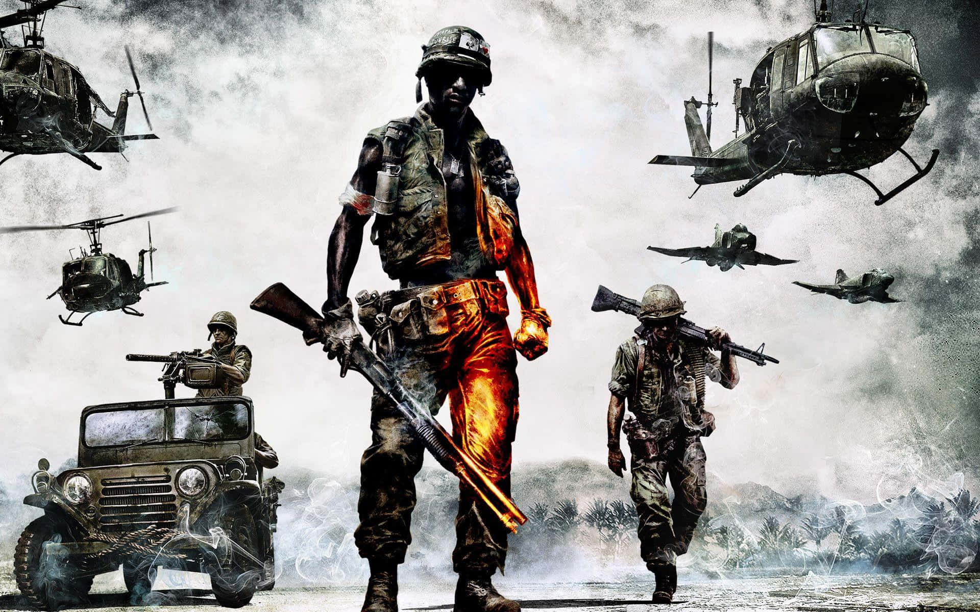 soldier 桌布 壁紙 — 一名身穿迷彩服的士兵在煙霧瀰漫的戰場上，在直升機、噴射機和軍用吉普車中堅定地站立。