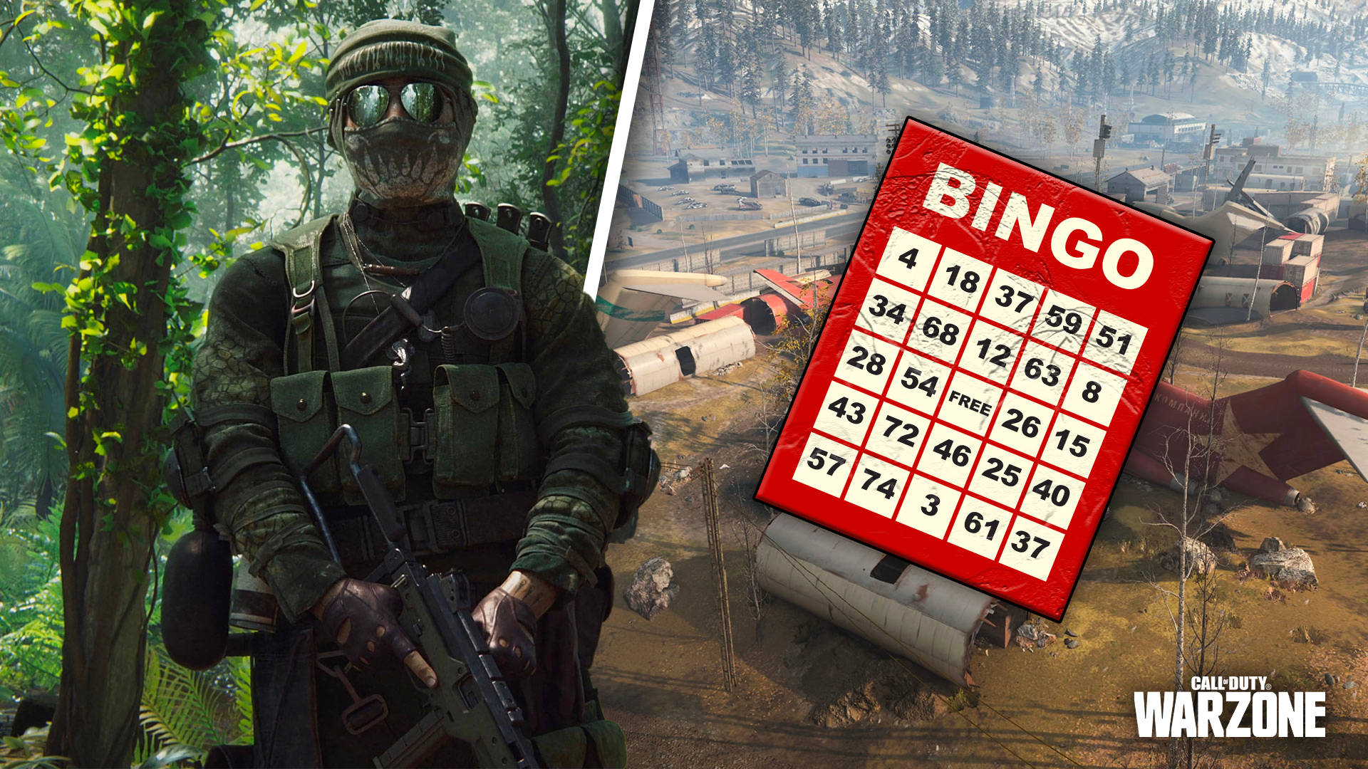 Bingo 桌布 壁紙 — 一名身穿迷彩服的士兵站在叢林中，而一張紅色賓果卡漂浮在戰火摧殘、有墜毀飛機的機場上空。