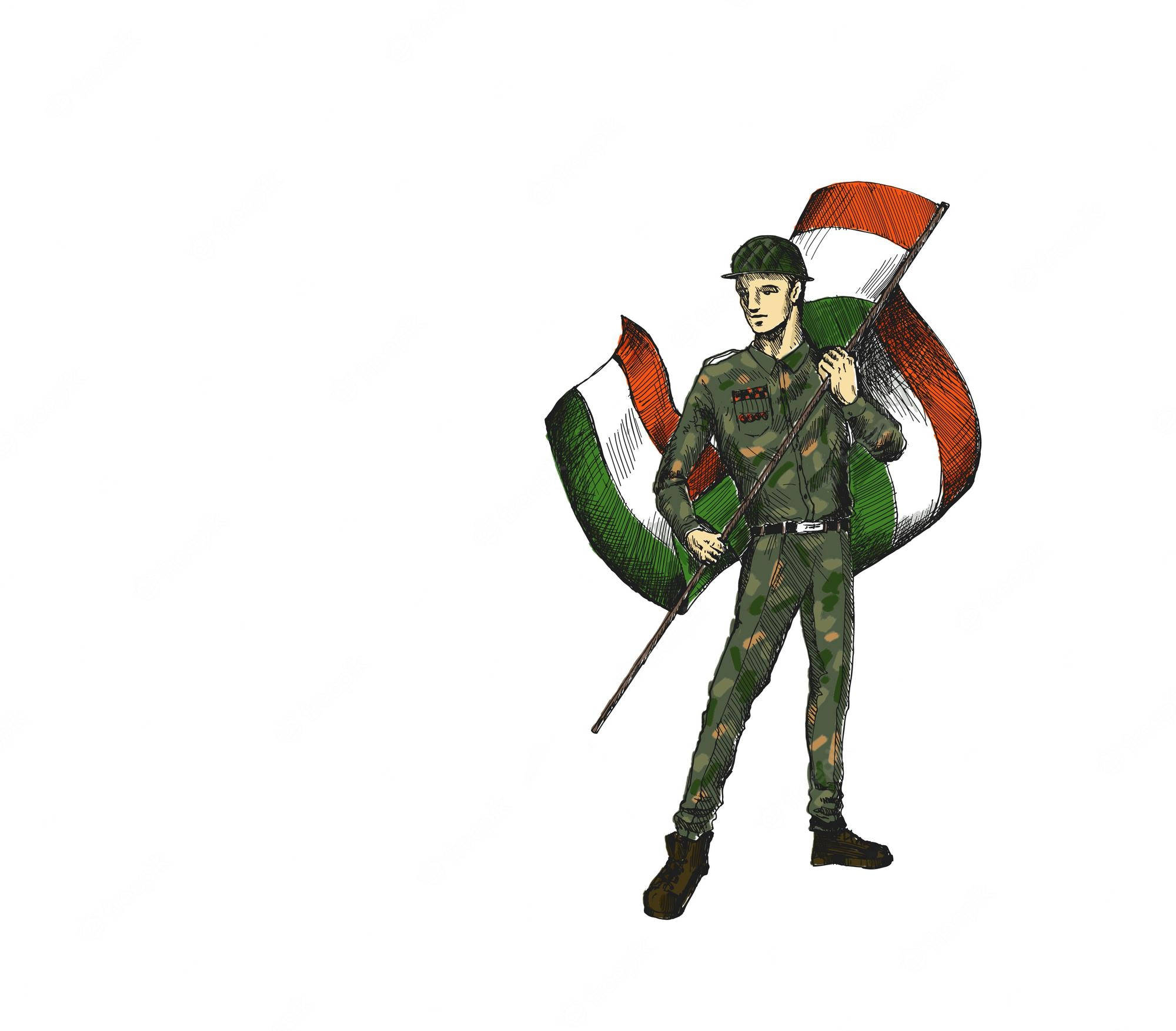 印度軍隊 桌布 壁紙 — 一名身穿迷彩服的士兵自豪地舉起一面帶有粗條紋的大型印度國旗，背景為純白色。