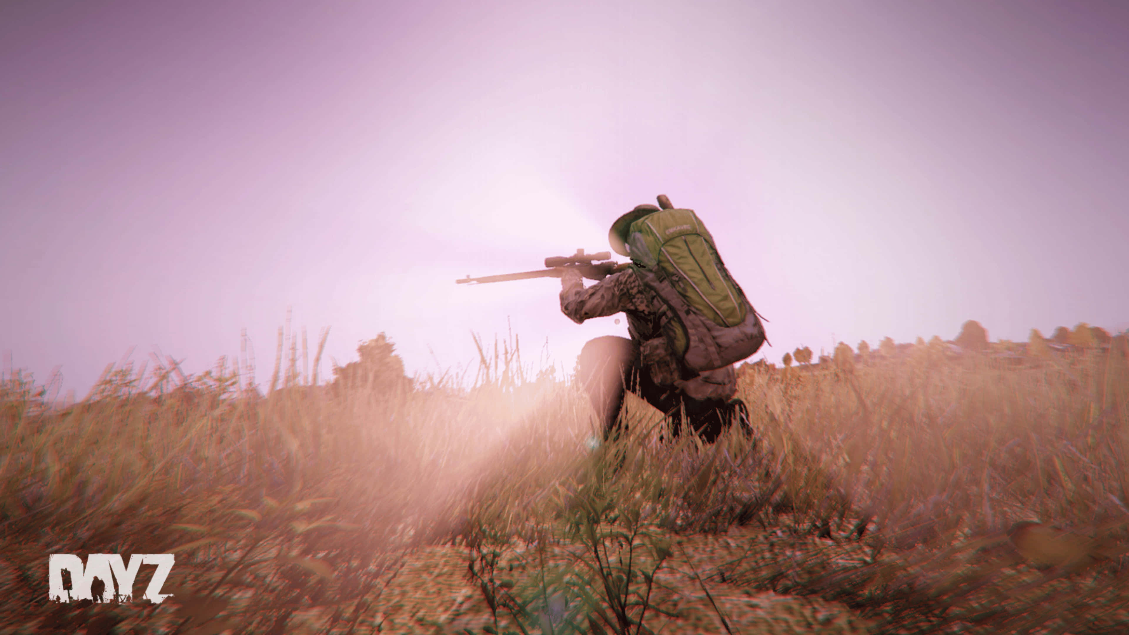 Dayz Mod 桌布 壁紙 — 一名身穿迷彩服的士兵蹲在高高的草叢中，在紫色天空的黎明時分瞄準步槍。