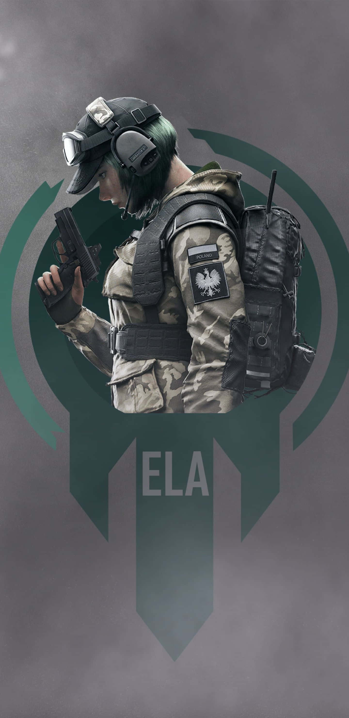Pixel 3xl Rainbow Six Siege 桌布 壁紙 — 一名身穿迷彩裝備的士兵在深灰色背景上手持手槍，背景有綠色圓形徽章和字母ELA。