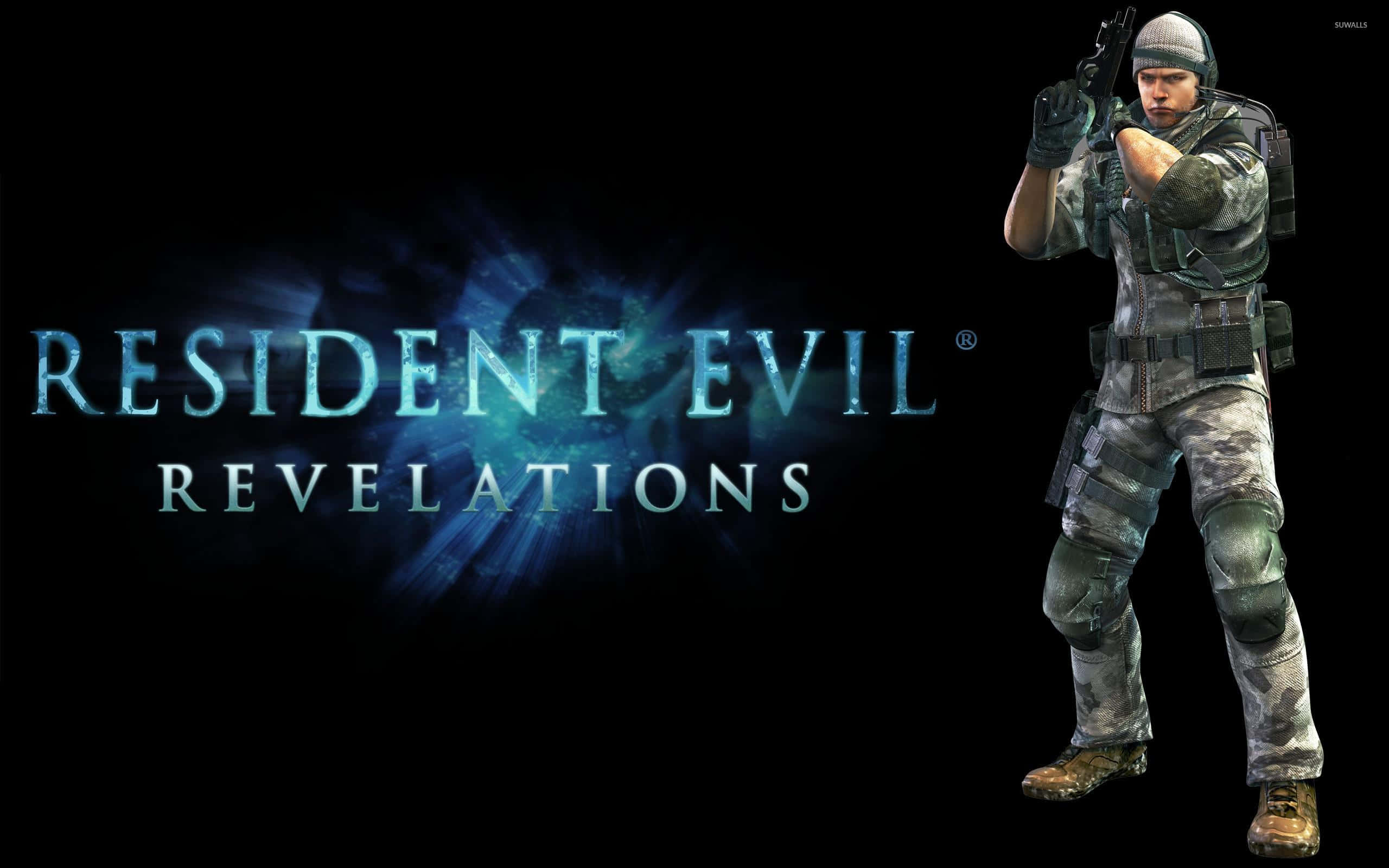 Resident Evil Revelations 2 桌布 壁紙 — 一名身穿迷彩裝備的士兵在黑暗背景中瞄準手槍，背景有發光的藍色「Resident Evil Revelations」文字。