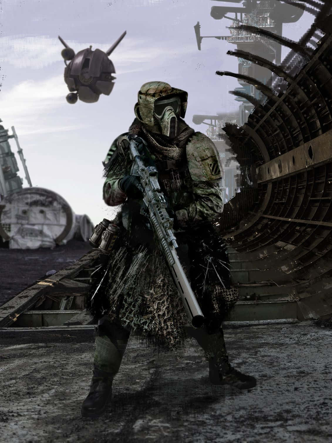 Blaster Rifles 桌布 壁紙 — 一名身穿迷彩裝備的重武裝士兵，在灰色天空下站在被毀壞的未來機械之中，頭頂有一架無人機盤旋。