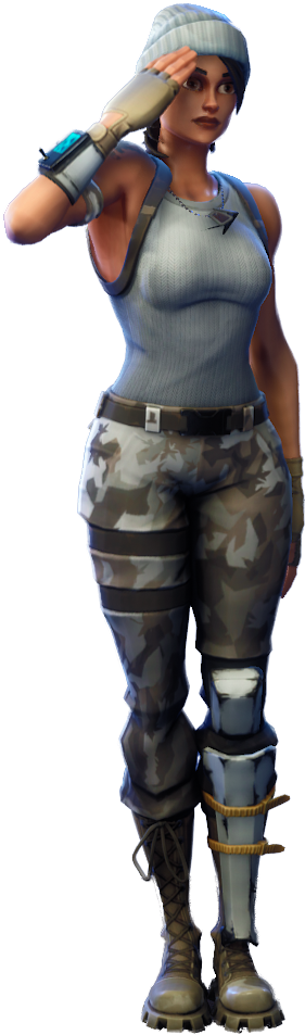 Fortnite 桌布 壁紙 — 一名身穿迷彩褲和毛帽的女兵，戴著未來裝備，用右手敬禮。