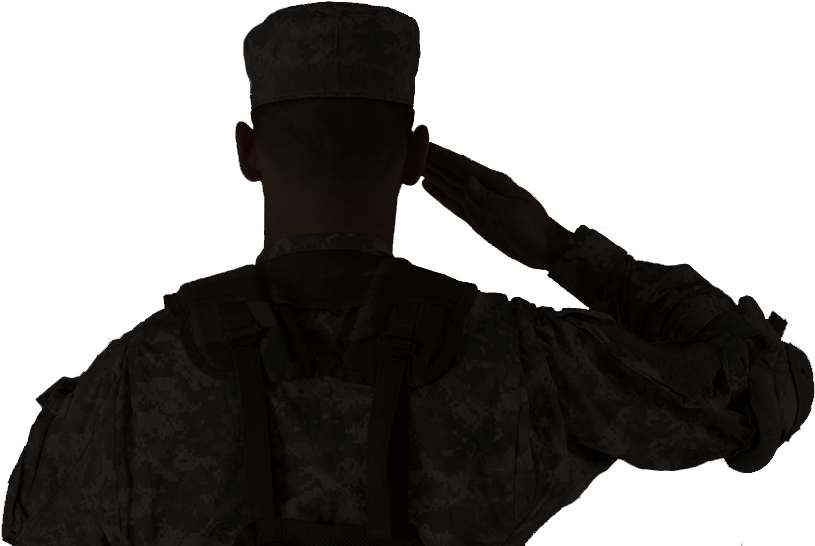 Salute 桌布 壁紙 — 一名身穿迷彩軍服的士兵背向觀眾，在黑色背景前敬禮。