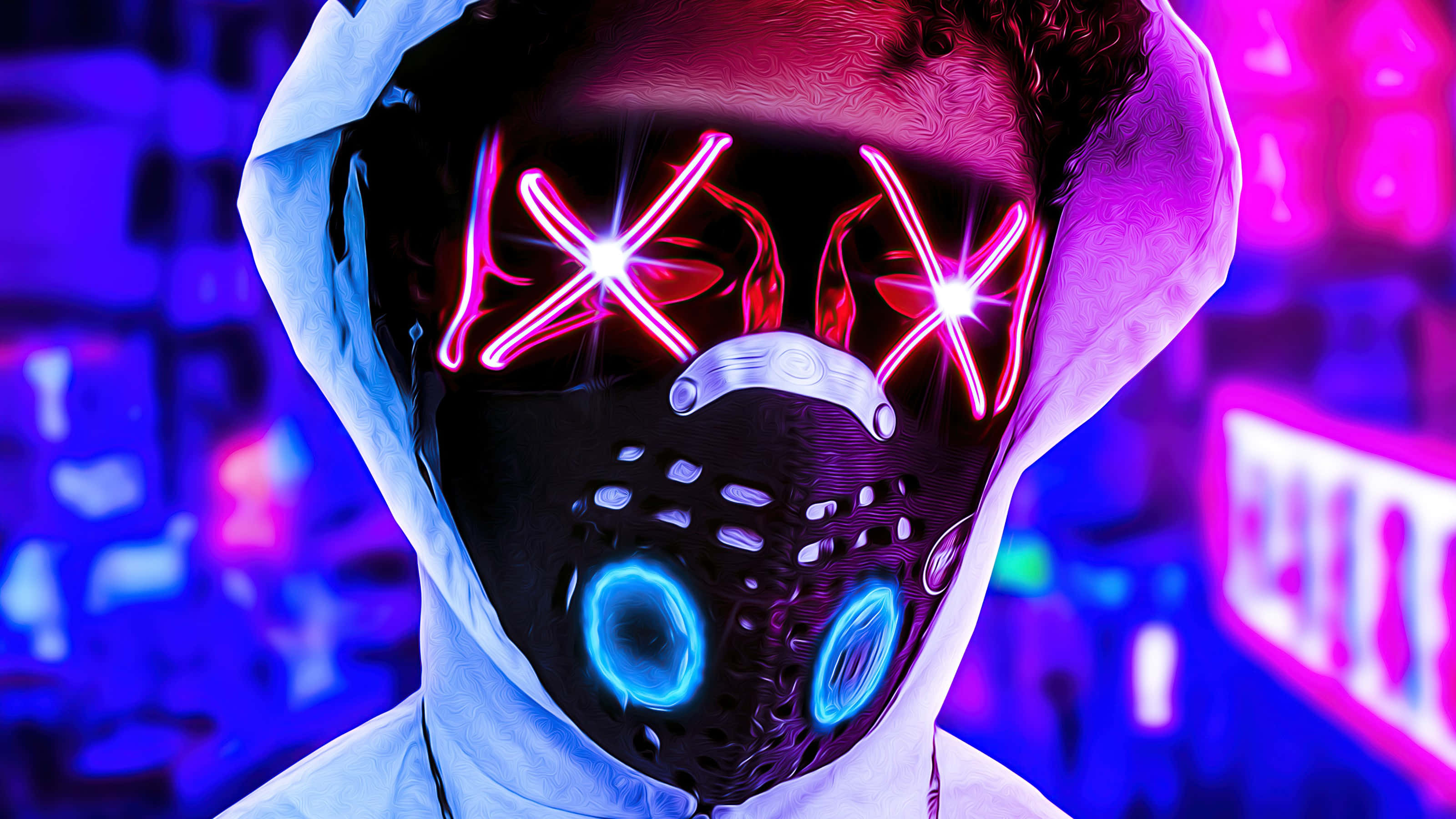 Mask Boy 桌布 壁紙 — 一名身穿連帽上衣的人戴著發光的霓虹面具，面具上有X形眼睛和藍色圓形通風口，背景是充滿活力的賽博龐克城市。