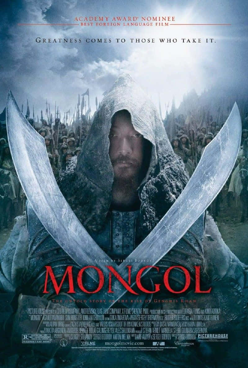 Mongolia 桌布 壁紙 — 一名身穿連帽斗篷的戰士，被交叉的劍框住，身後有龐大的軍隊，背景是暴風雨的天空。