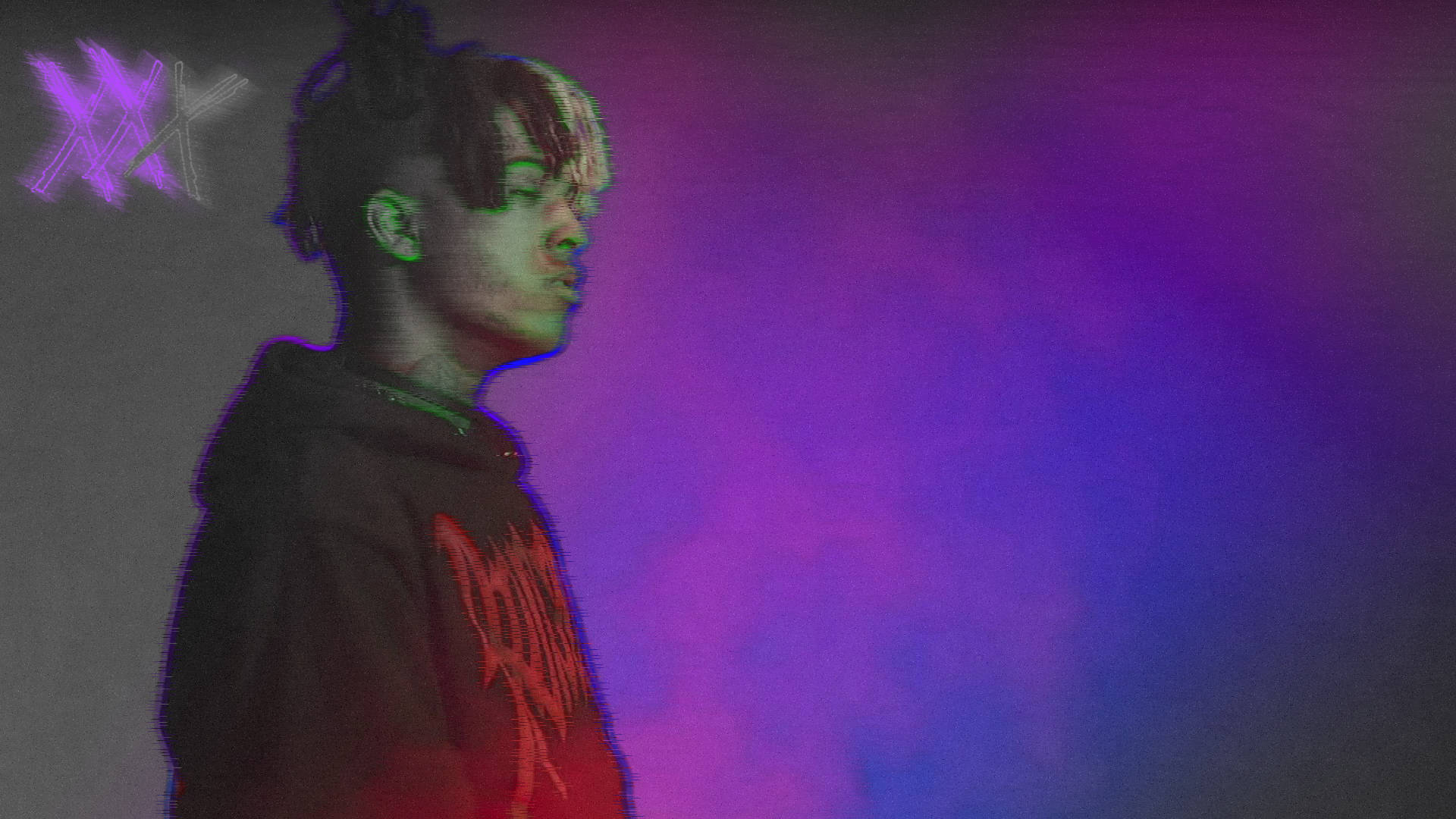 xxxtentacion 電腦 桌布 壁紙 — 一名身穿連帽衫的年輕男子側面站立，背景為充滿活力的紫色和藍色漸變，並帶有霓虹燈效果。