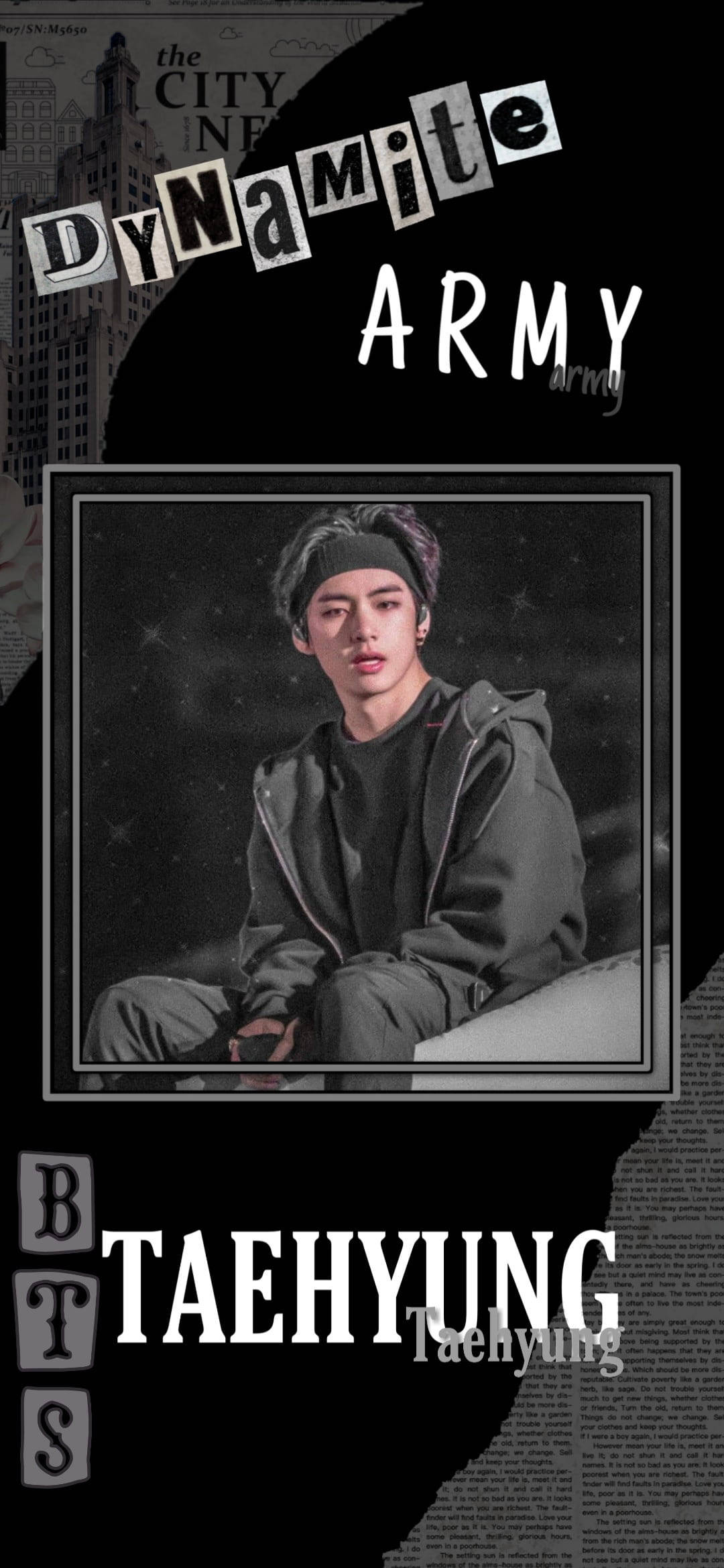 Bts Black 桌布 壁紙 — 一名身穿連帽衫的年輕男子坐在相框中央，背景是繁星點點的夜空，並有粗體文字疊加。
