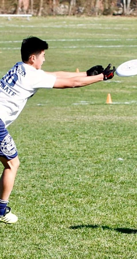 Android Ultimate Frisbee 桌布 壁紙 — 一名身穿運動裝備的年輕男子在陽光明媚的草地上接住一個白色的飛盤，草地上有橙色錐體。