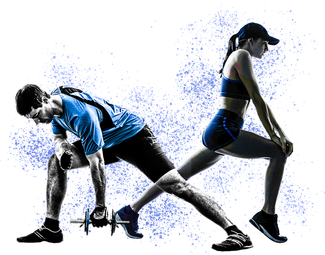 Fitness 桌布 壁紙 — 一名身穿運動裝備的男女在黑色背景上進行動態鍛煉，伴隨著充滿活力的藍色粒子爆發。