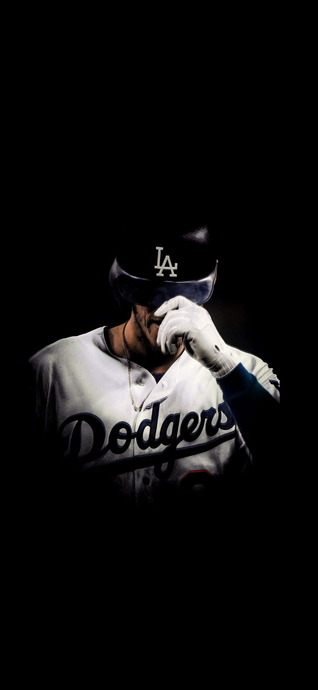 Awesome Baseball 桌布 壁紙 — 一名身穿道奇隊球衣的棒球運動員在黑色背景的戲劇性低調燈光下放下頭盔。
