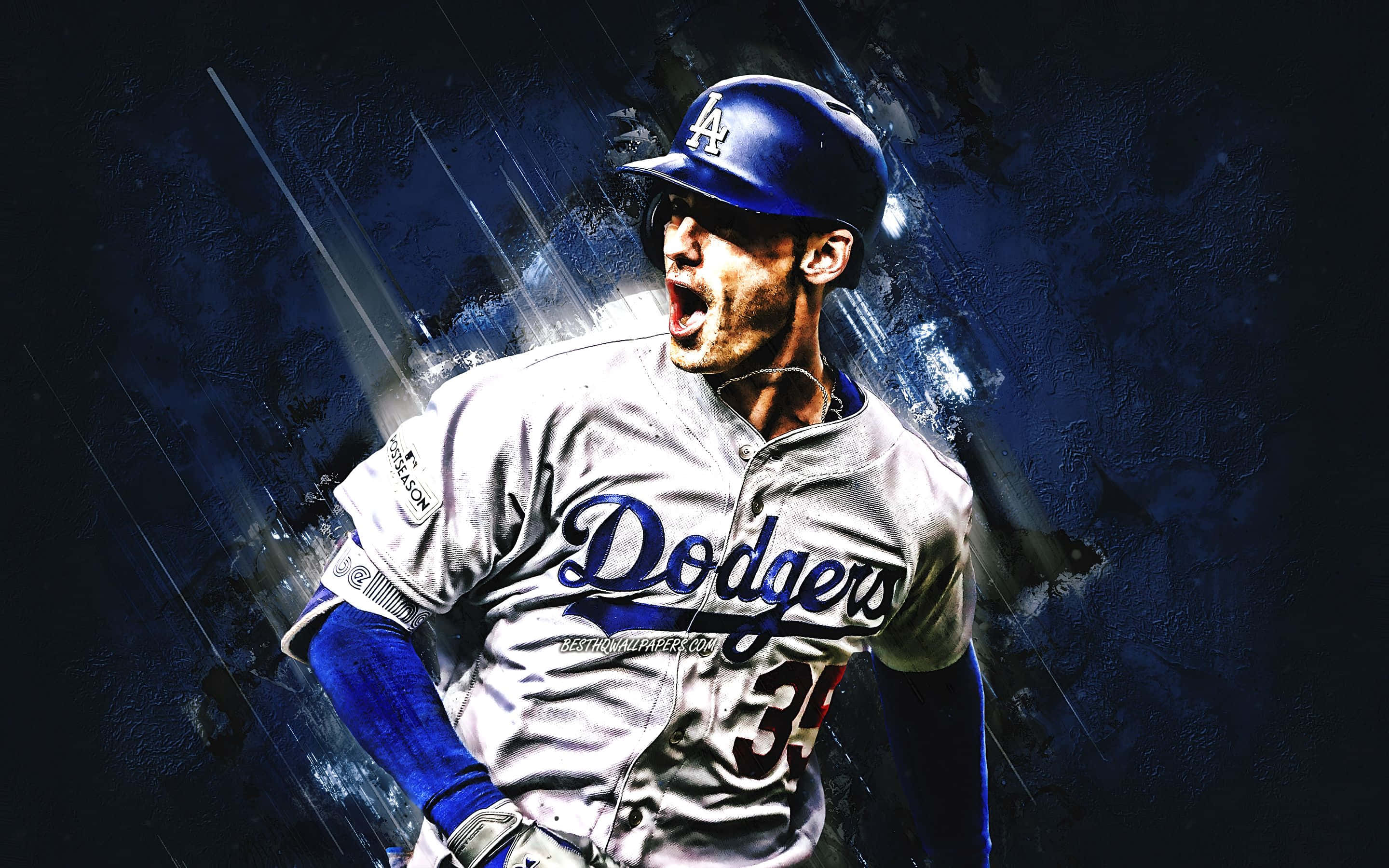 Awesome Baseball 桌布 壁紙 — 一名身穿道奇隊球衣的棒球運動員在黑暗抽象背景和動態光線中猛烈咆哮。