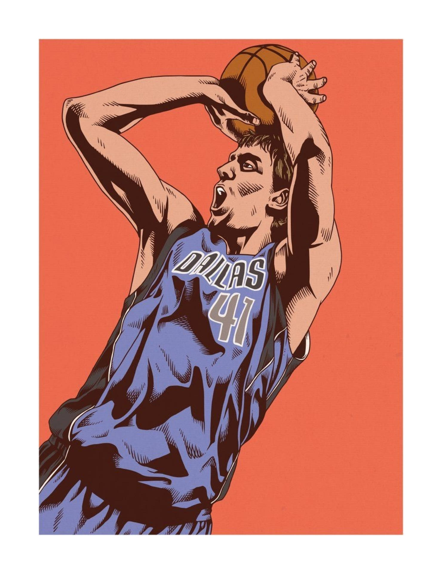 Dirk Nowitzki 桌布 壁紙 — 一名身穿達拉斯41號球衣的籃球運動員，在純橙色背景上以大膽的圖形風格跳起灌籃。