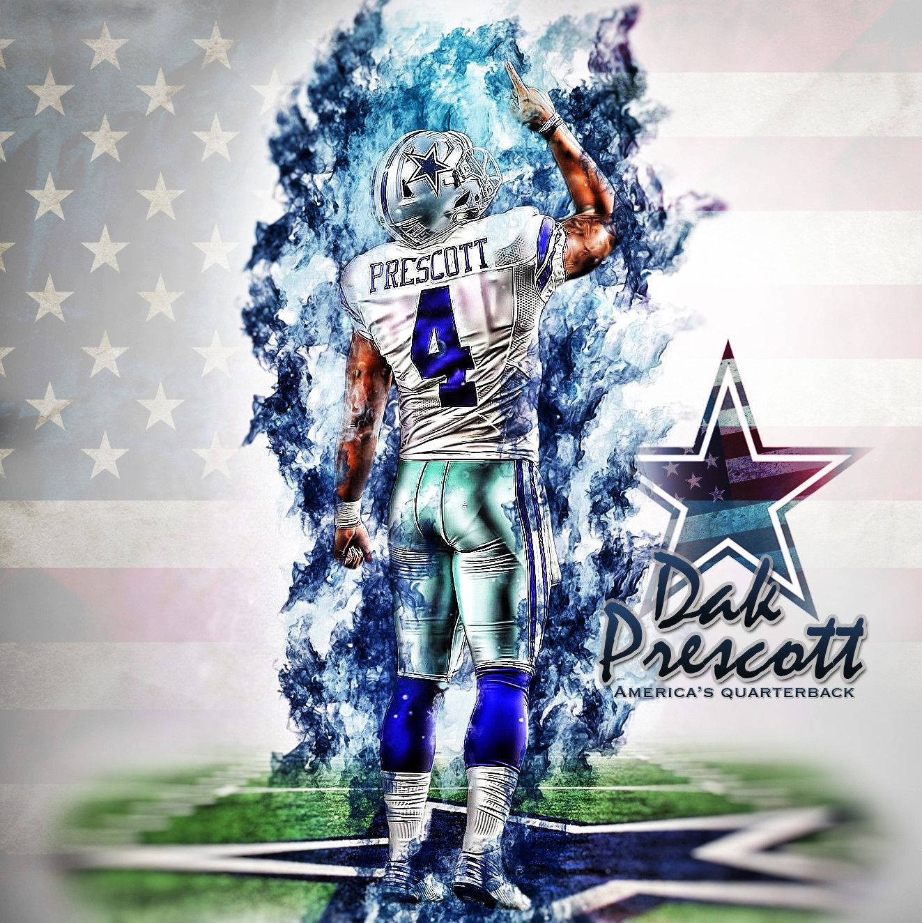 Dak Prescott 桌布 壁紙 — 一名身穿達拉斯牛仔隊球衣的足球運動員，在美國國旗背景下，背對著藍色能量爆發站立。
