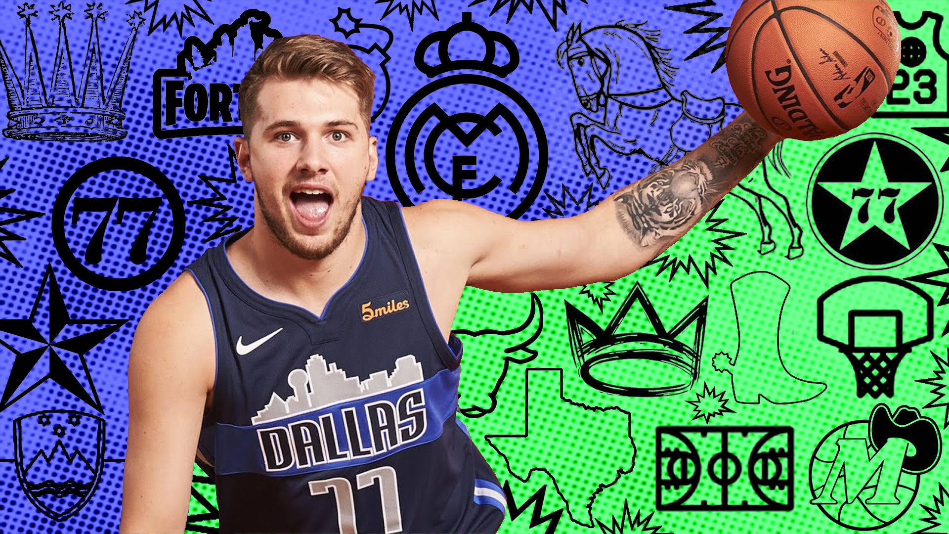 Luka 桌布 壁紙 — 一名身穿達拉斯球衣的籃球運動員在充滿運動圖標和王冠的鮮豔藍綠色背景下持球。