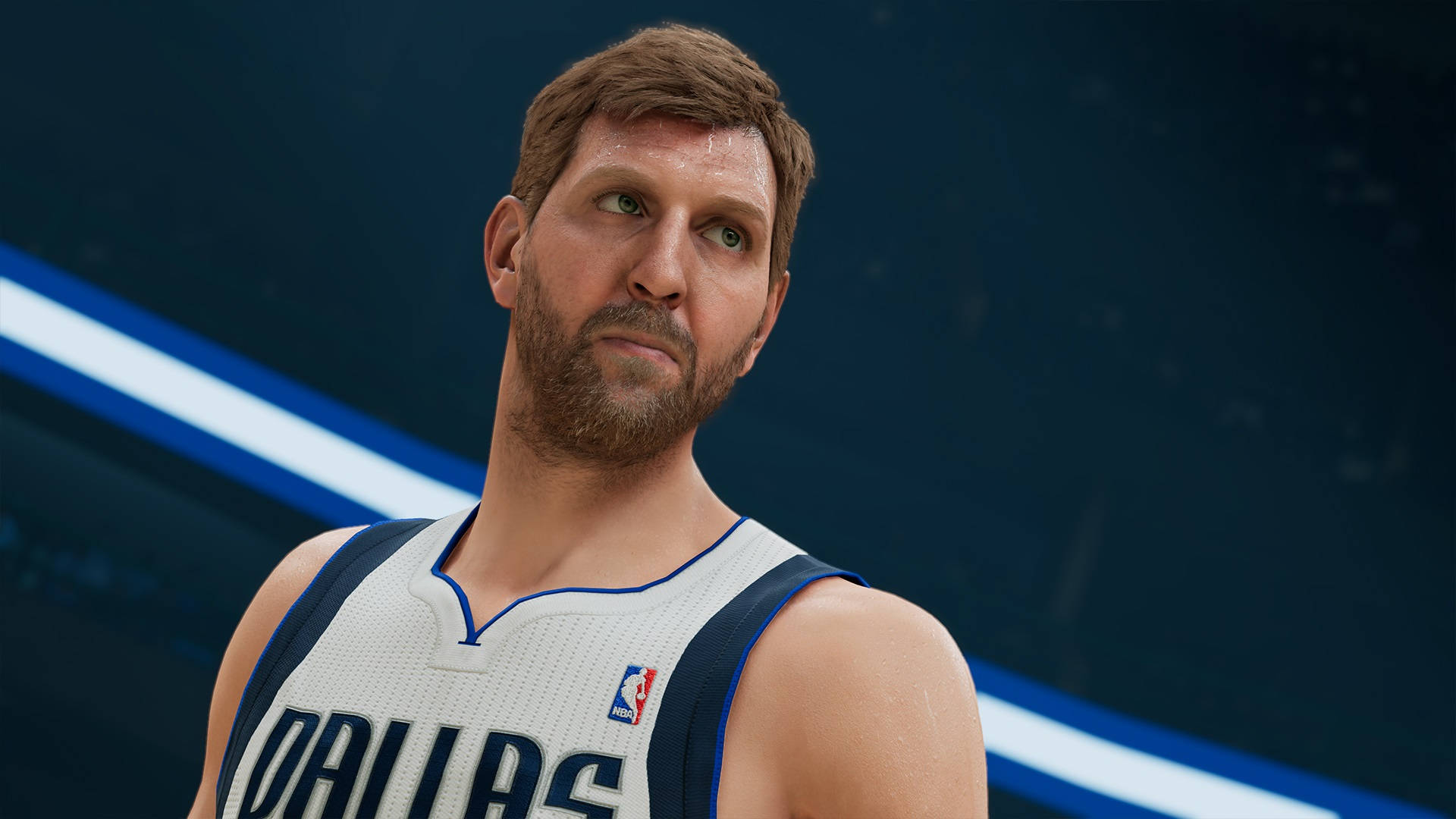 Dirk Nowitzki 桌布 壁紙 — 一名身穿達拉斯球衣的籃球運動員特寫，神情專注，背景為深藍色帶有發光白色線條。