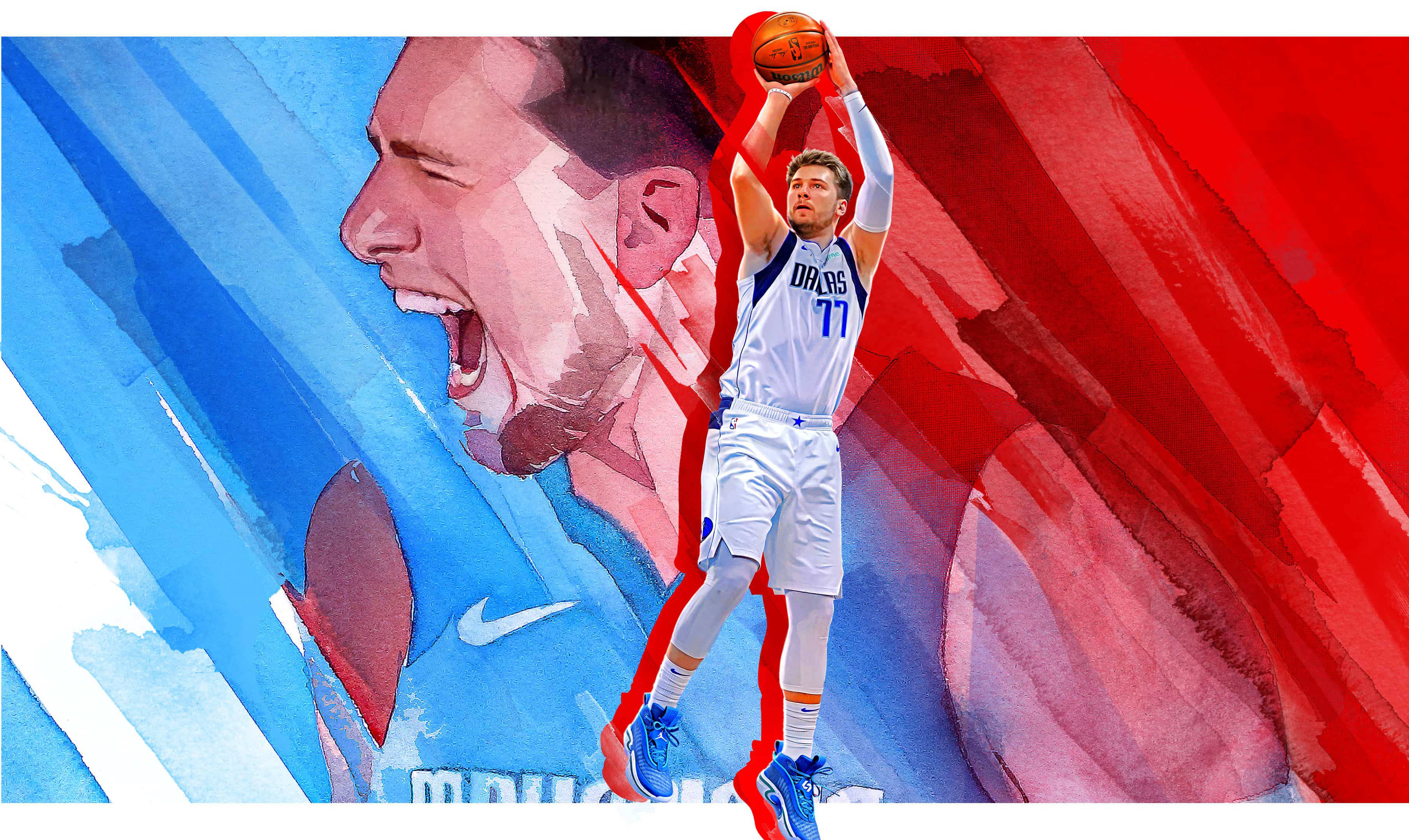 Luka 桌布 壁紙 — 一名身穿達拉斯球衣的籃球運動員跳起投籃，背景是充滿活力的藍色和紅色水彩，並有一個吶喊的臉部剪影。