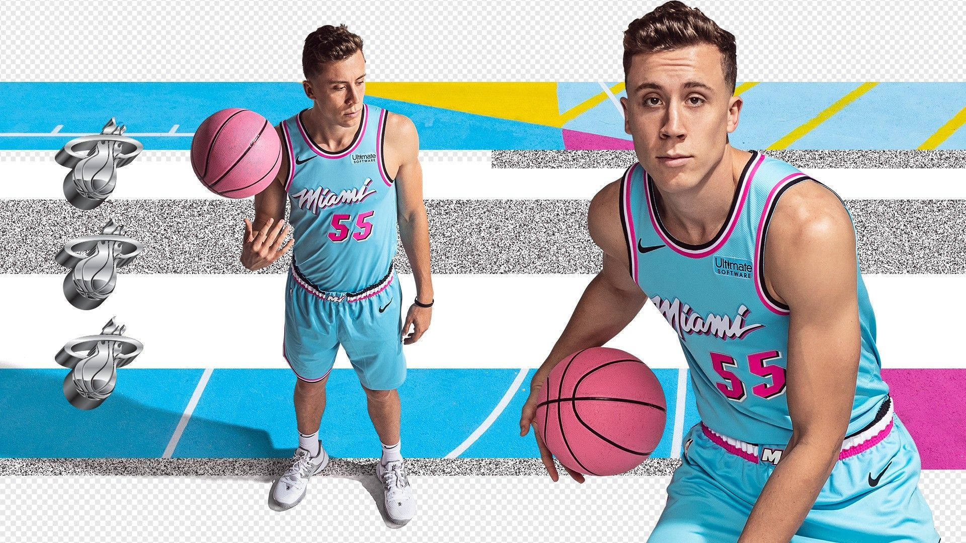 duncan robinson 桌布 壁紙 — 一名身穿邁阿密熱火球衣的籃球運動員，在充滿活力的幾何背景前拿著粉紅色的球，背景上有球隊標誌。