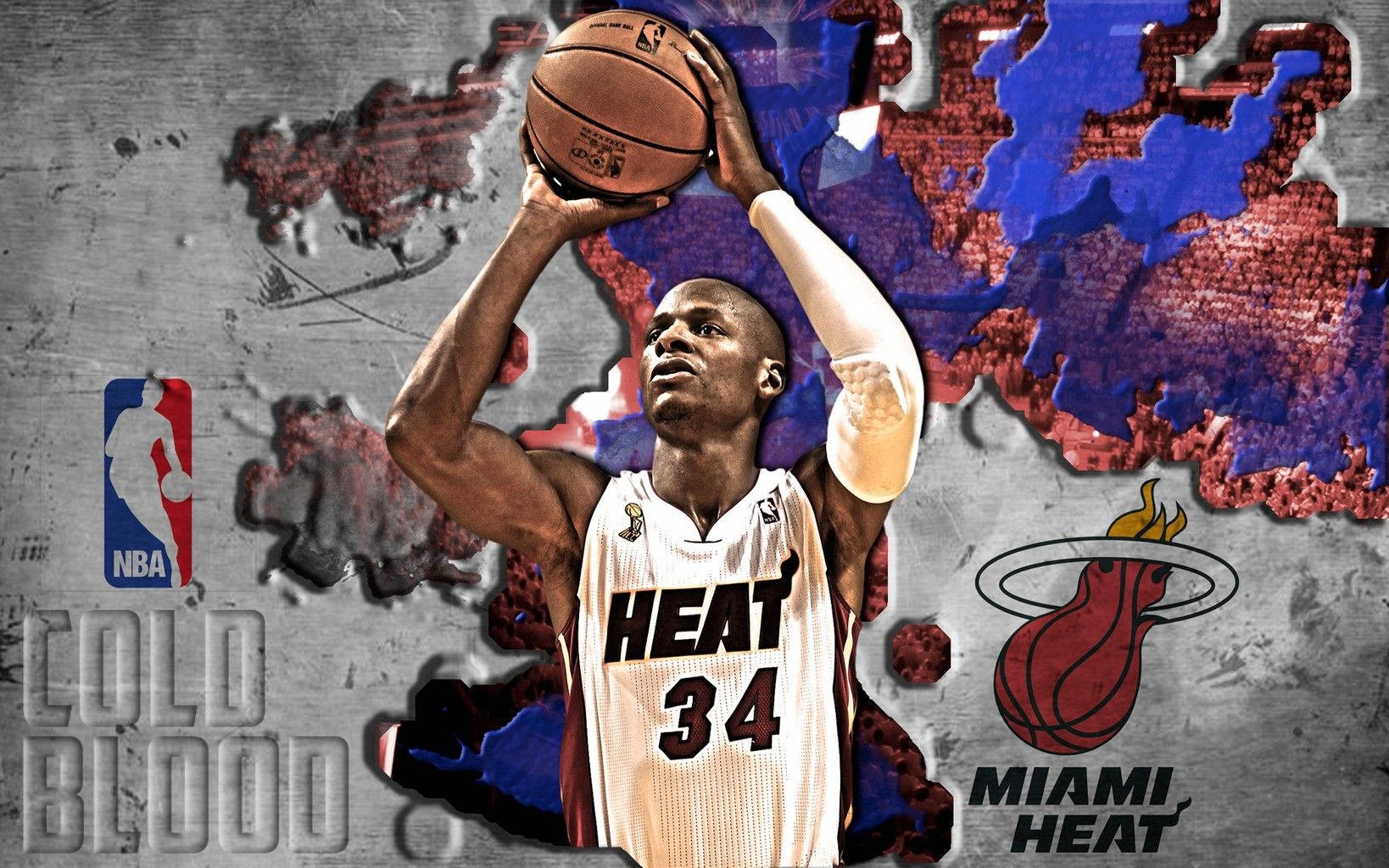 Ray Allen 桌布 壁紙 — 一名身穿邁阿密熱火球衣的籃球運動員，準備在帶有球隊標誌和「COLD BLOOD」文字的紋理背景前投籃。