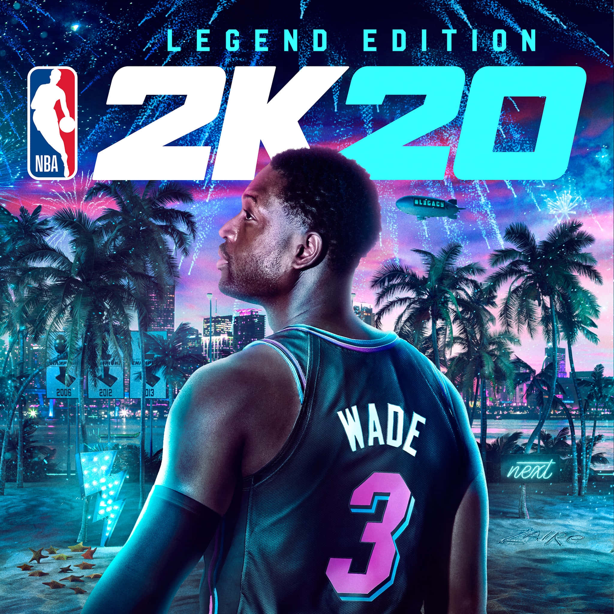 NBA 2k20 桌布 壁紙 — 一名身穿邁阿密熱火球衣的籃球運動員，站在霓虹燈照亮的熱帶城市景觀中，天空佈滿煙火。