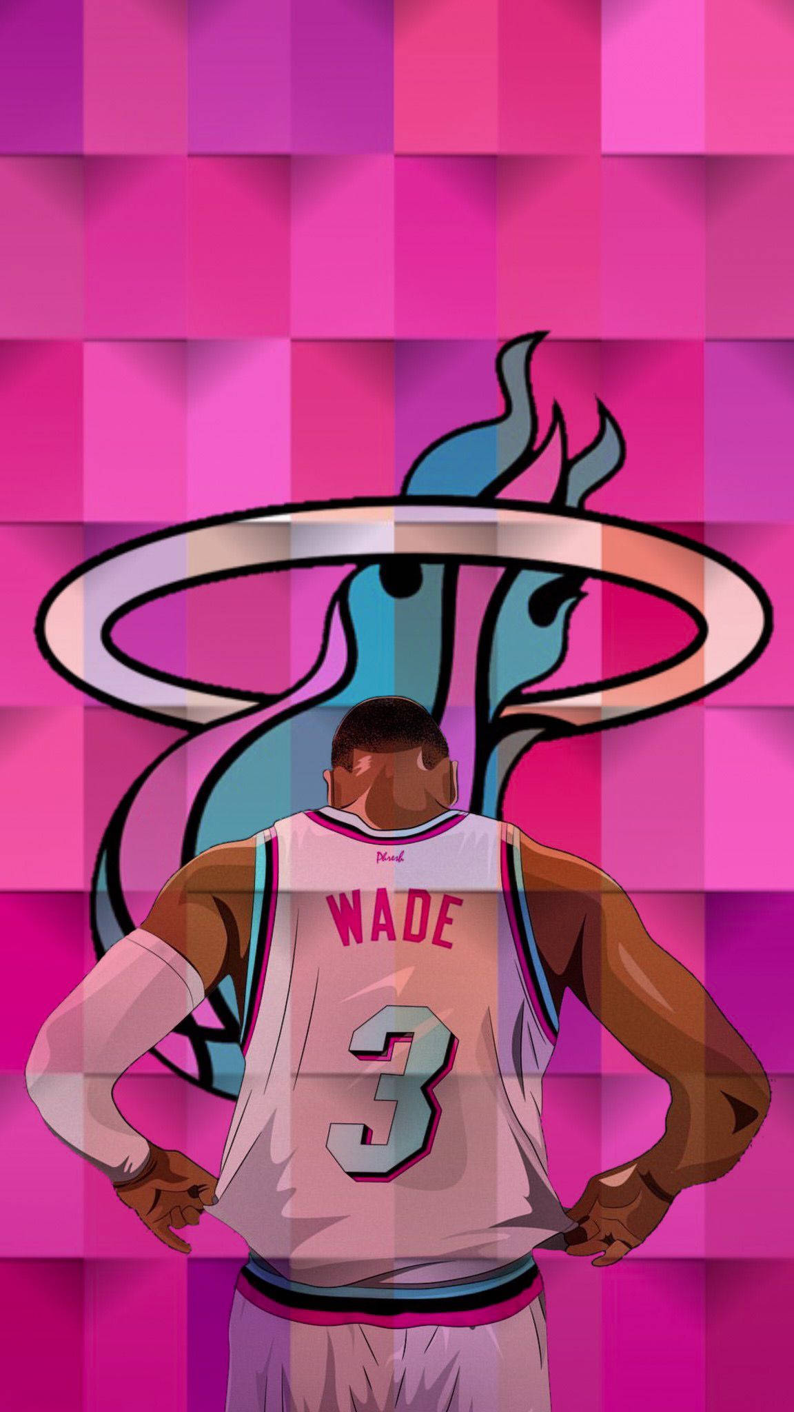NBA 桌布 壁紙 — 一名身穿邁阿密熱火隊球衣的籃球運動員，雙手叉腰，站在帶有球隊標誌的鮮豔粉紅色幾何背景前。