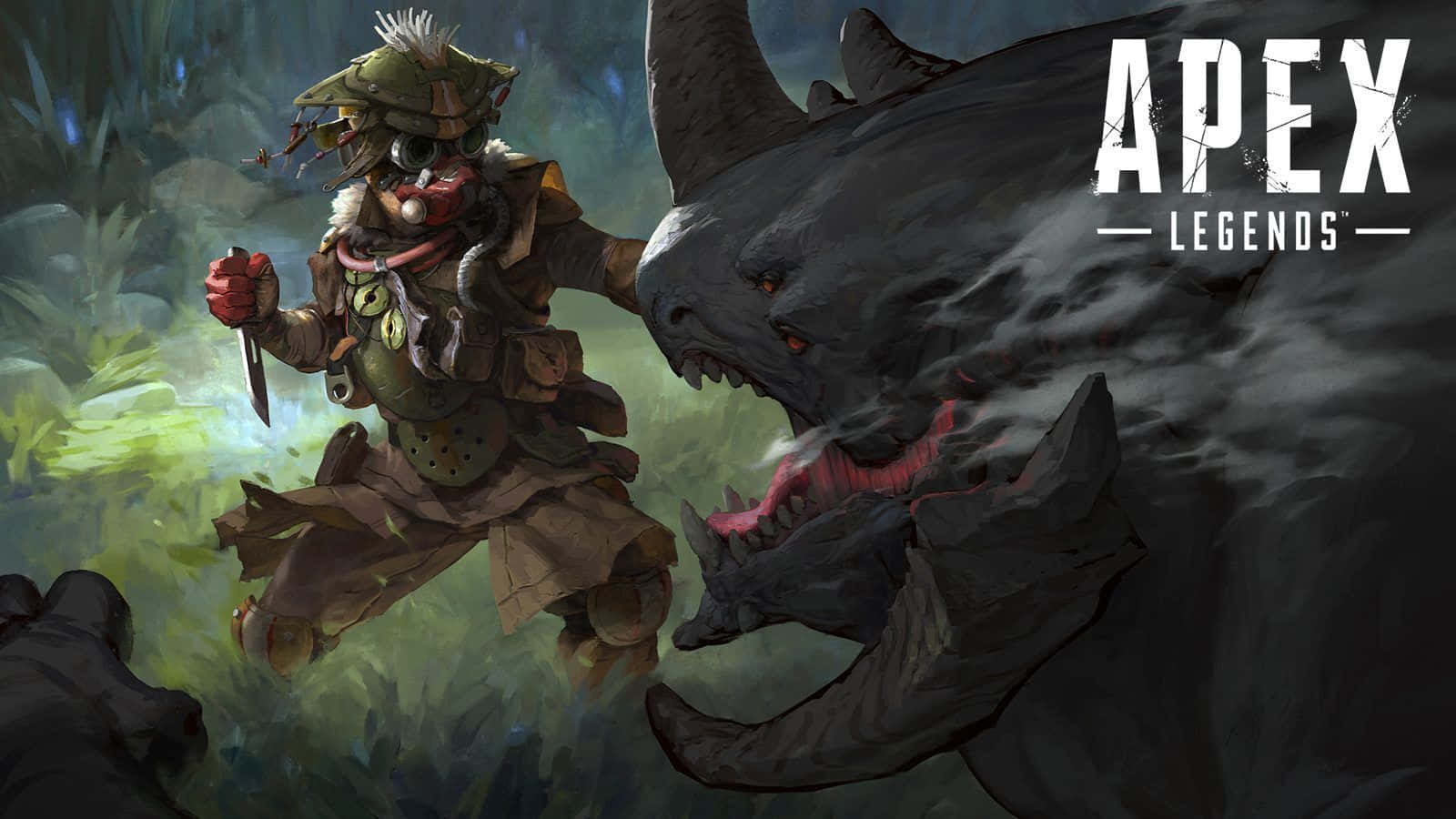 Apex Legends Bloodhound 桌布 壁紙 — 一名身穿部落盔甲的戰士跳躍躲避霧氣籠罩的叢林中一隻巨大的咆哮野獸。
