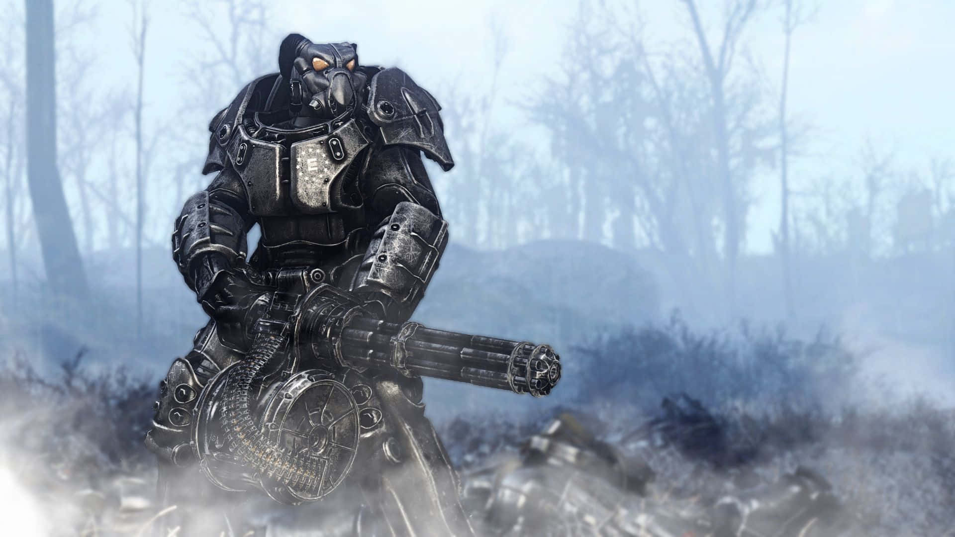 Fallout Enclave 桌布 壁紙 — 一名身穿重型動力裝甲的士兵，站在煙霧瀰漫的廢墟森林中，手持大型武器。