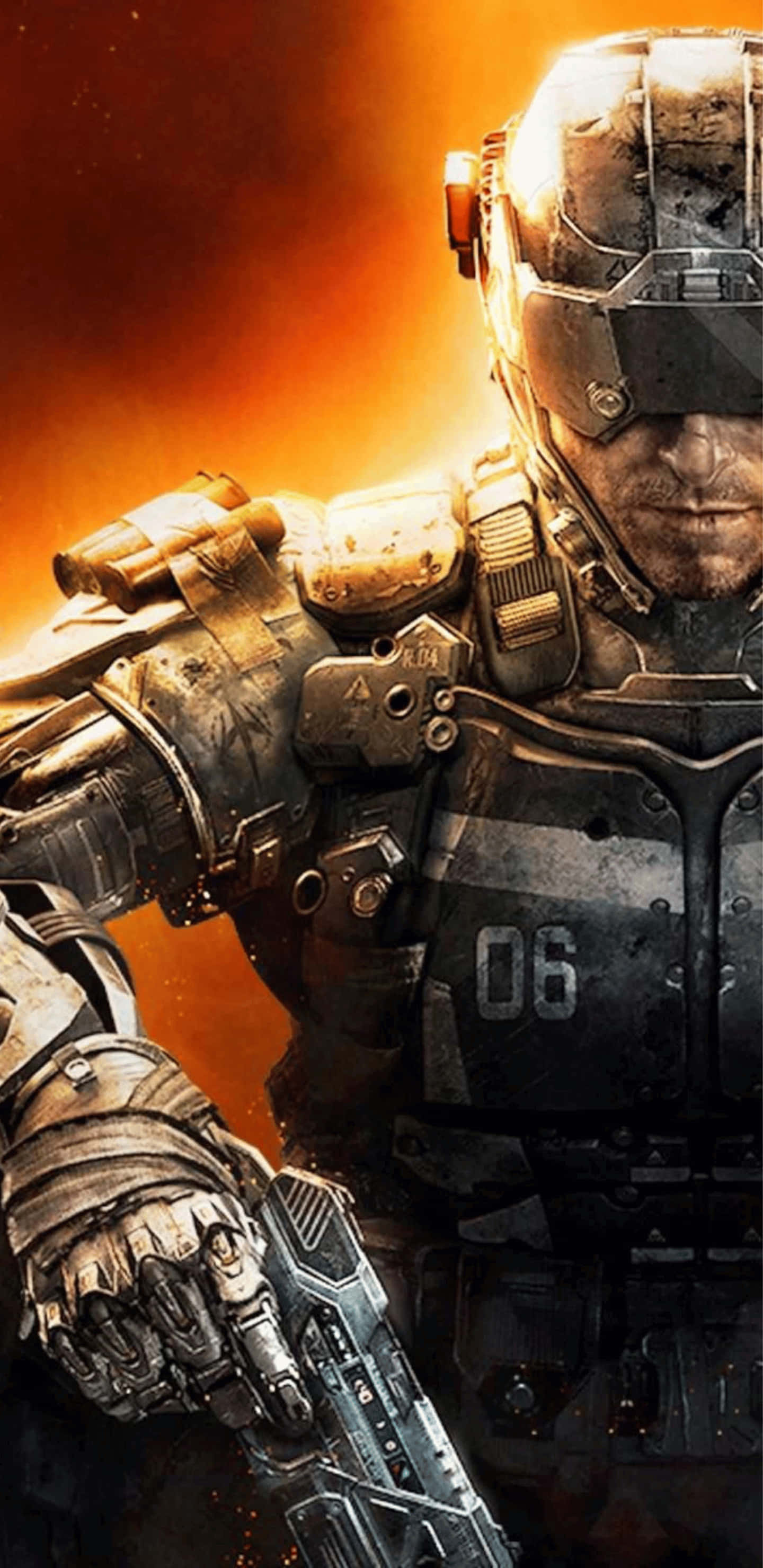 Pixel 3xl Call Of Duty Black Ops 4 桌布 壁紙 — 一名身穿重型盔甲的士兵，在熾熱的橙色背景下手持未來武器。