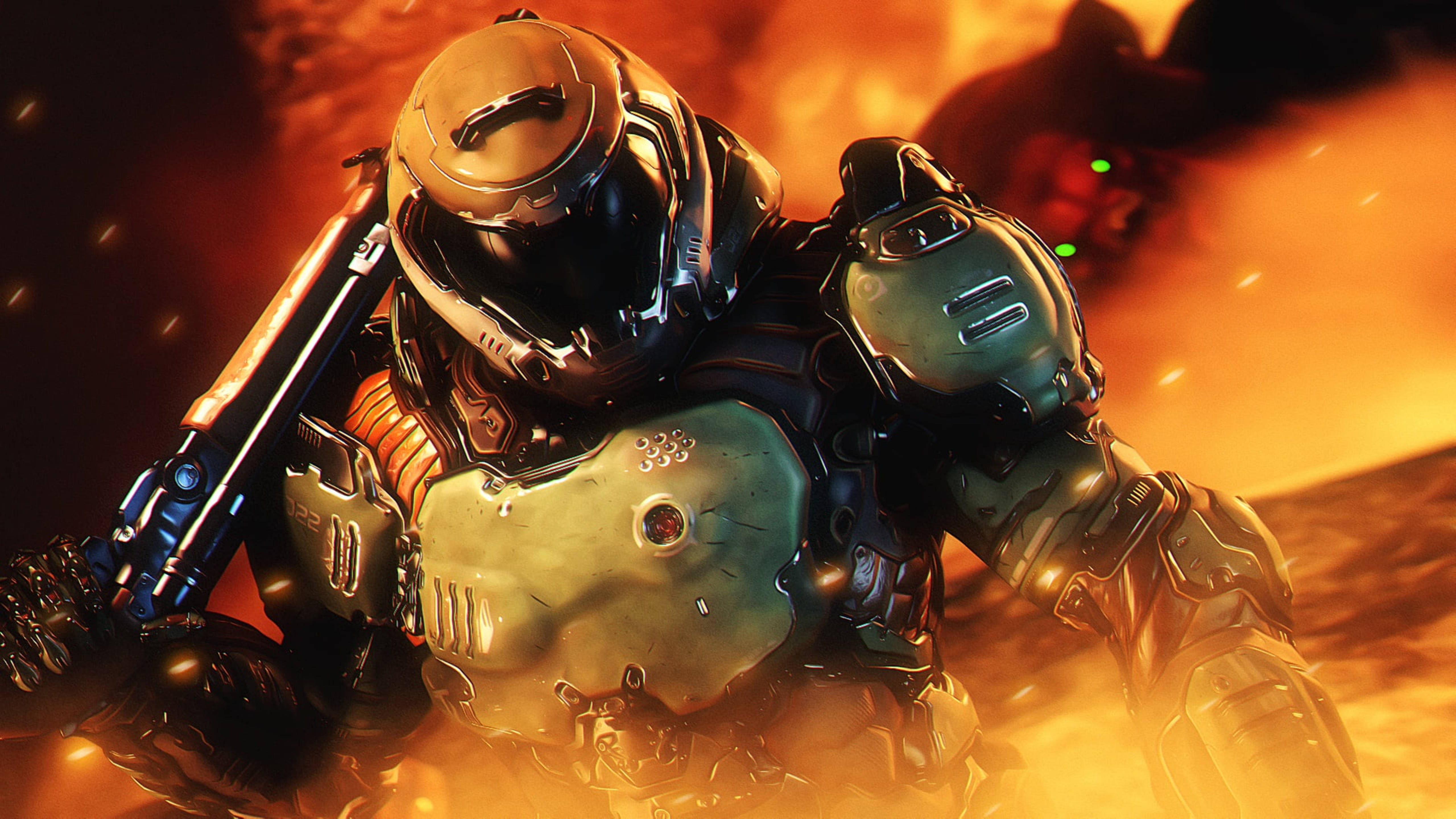 Doomguy 桌布 壁紙 — 一名身穿重型裝甲、配備未來風格戰鬥裝備的士兵，站在熾熱爆炸之中，周圍環繞著發光的橙色和紅色火焰。