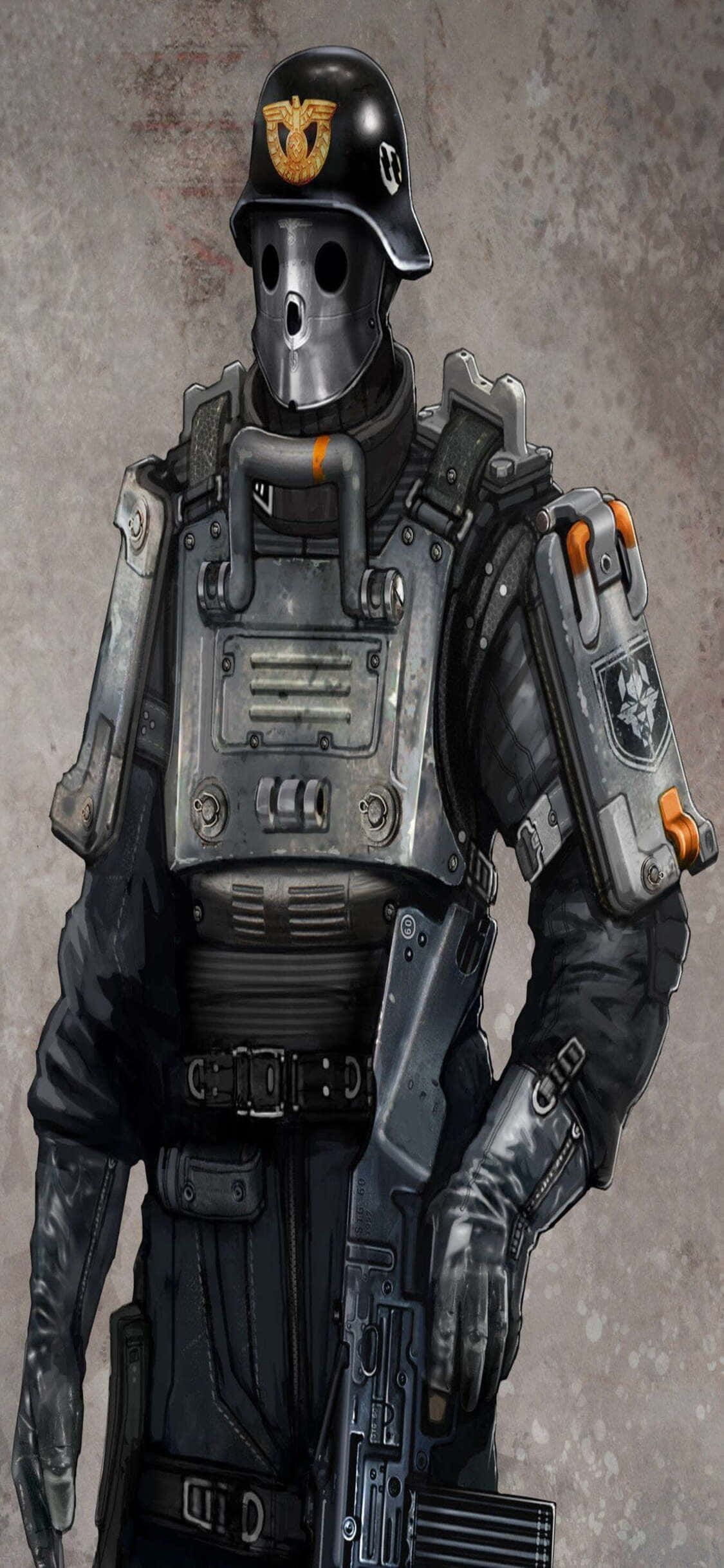 iPhone Xs Wolfenstein Ii 桌布 壁紙 — 一名身穿重型裝甲、配備未來風格頭盔和戰術裝備的士兵，靠著粗糙的混凝土牆站立。