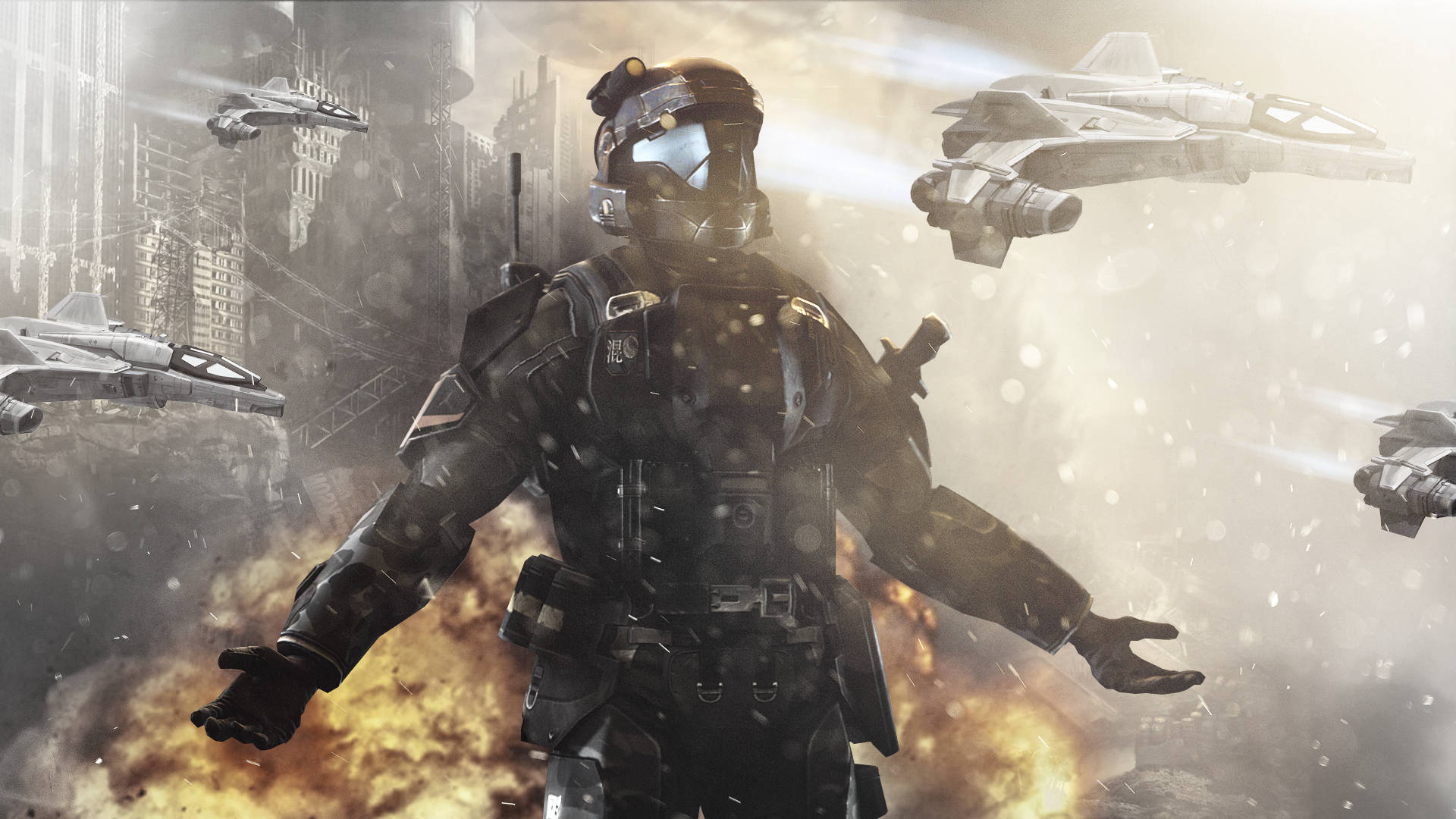 4K halo 桌布 壁紙 — 一名身穿重型裝甲的未來士兵站在爆炸之中，戰鬥機在煙霧瀰漫的城市戰場上呼嘯而過。
