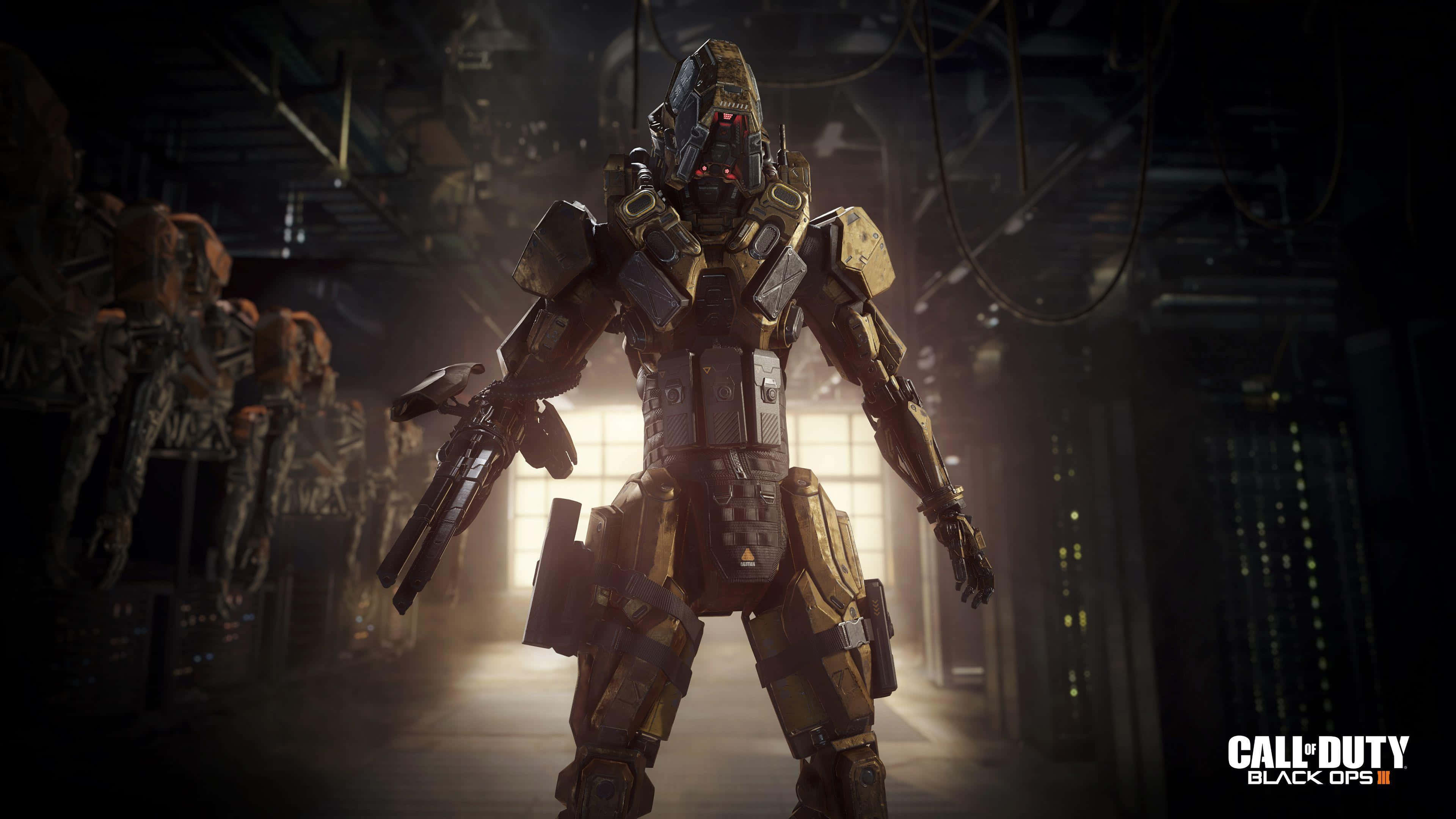 Black Ops 3 桌布 壁紙 — 一名身穿重型裝甲的未來戰士，在昏暗的工業走廊中站立，雙眼發出紅光，武器已準備就緒。