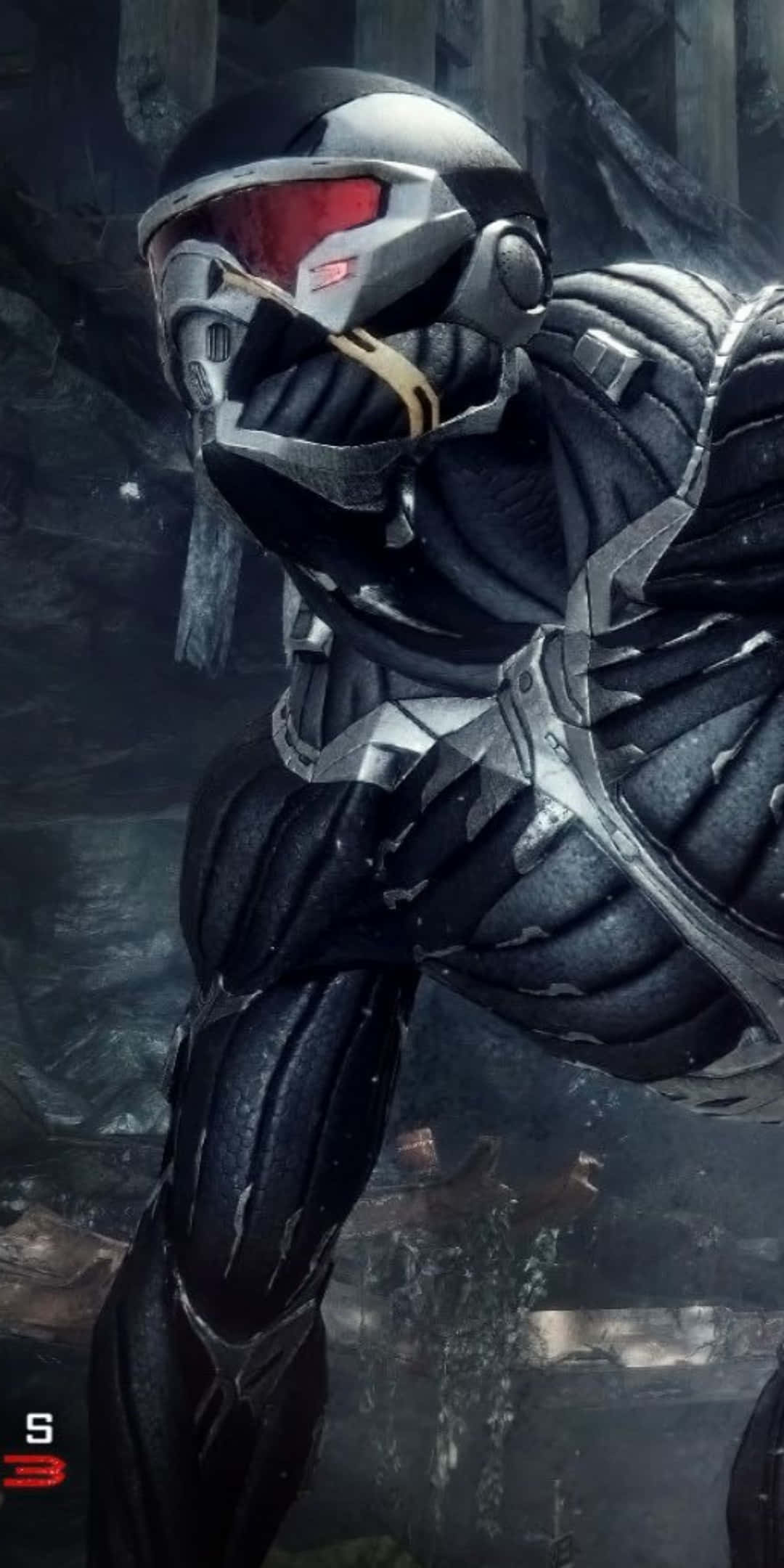 Pixel 3 Crysis 3 桌布 壁紙 — 一名身穿重型裝甲的未來戰士，戴著發光的紅色護目鏡，蹲在黑暗的廢墟環境中。