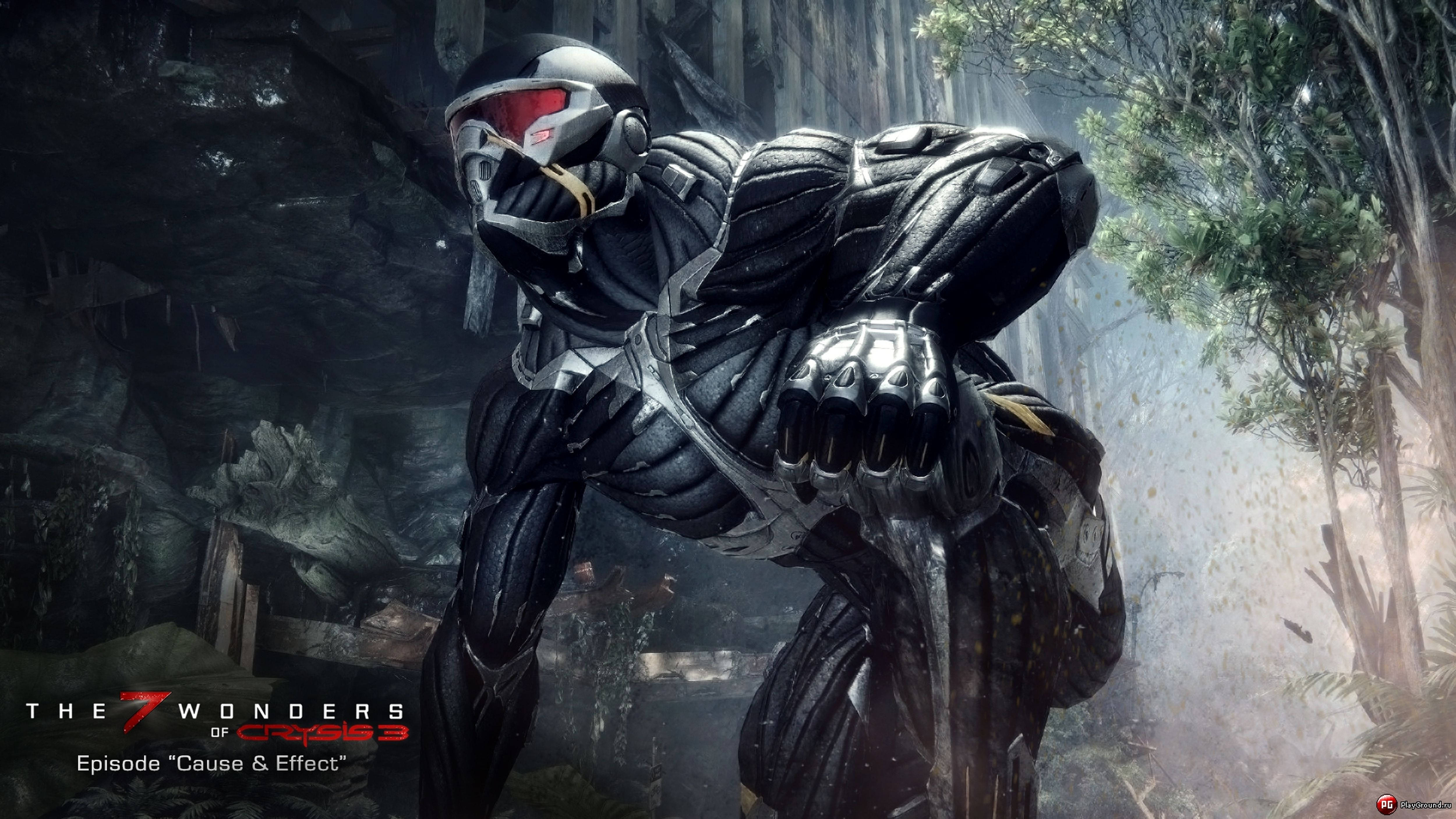 crysis 3 4K 桌布 壁紙 — 一名身穿重型裝甲的未來戰士蹲在霧氣瀰漫的森林廢墟中，戴著發光的紅色護目鏡和精細的黑色盔甲。