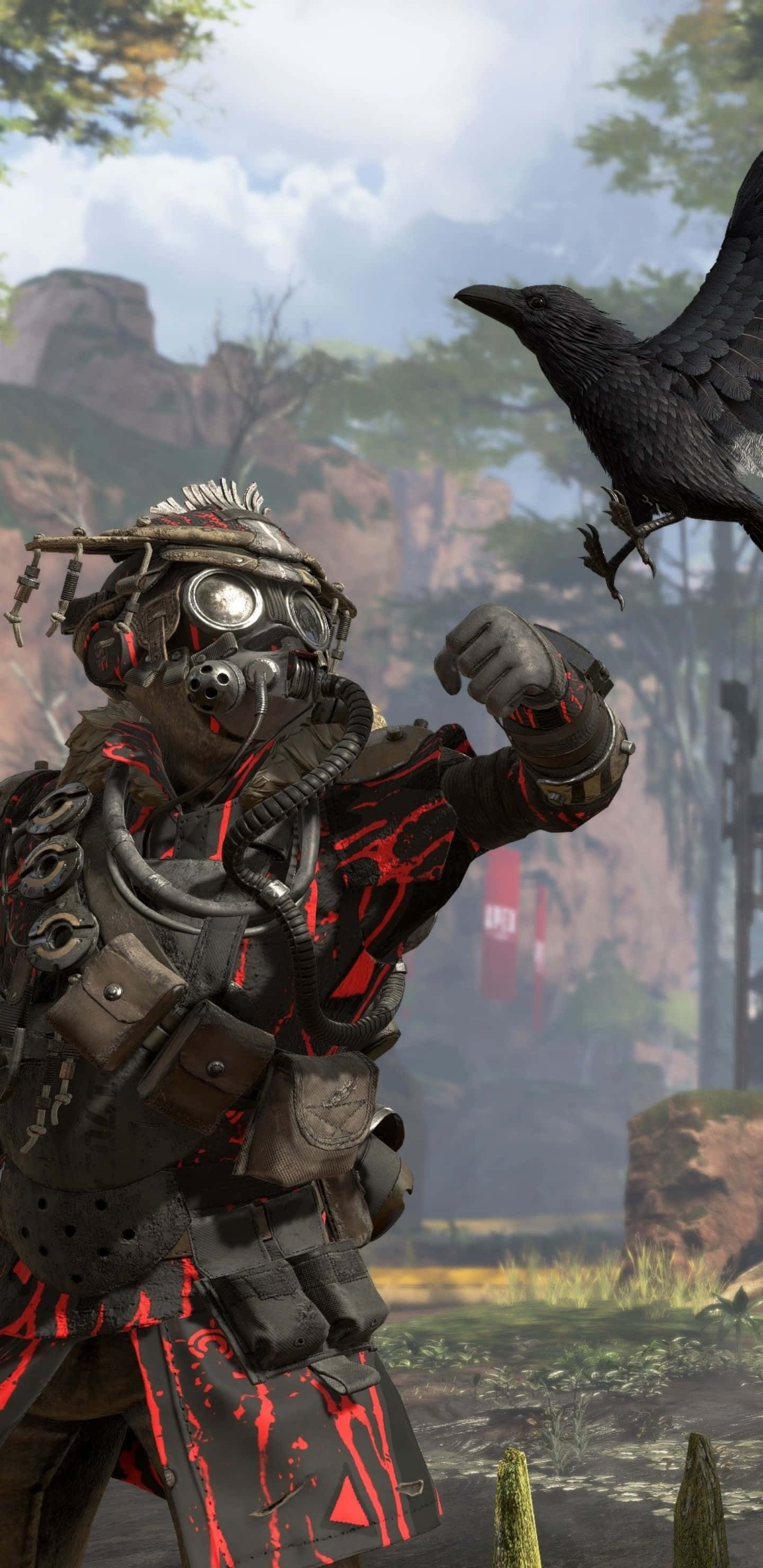 Pixel 3xl Apex Legends 桌布 壁紙 — 一名身穿重甲、帶有紅色飛濺物、肩上棲息著烏鴉的士兵，站在霧氣瀰漫的森林空地中。