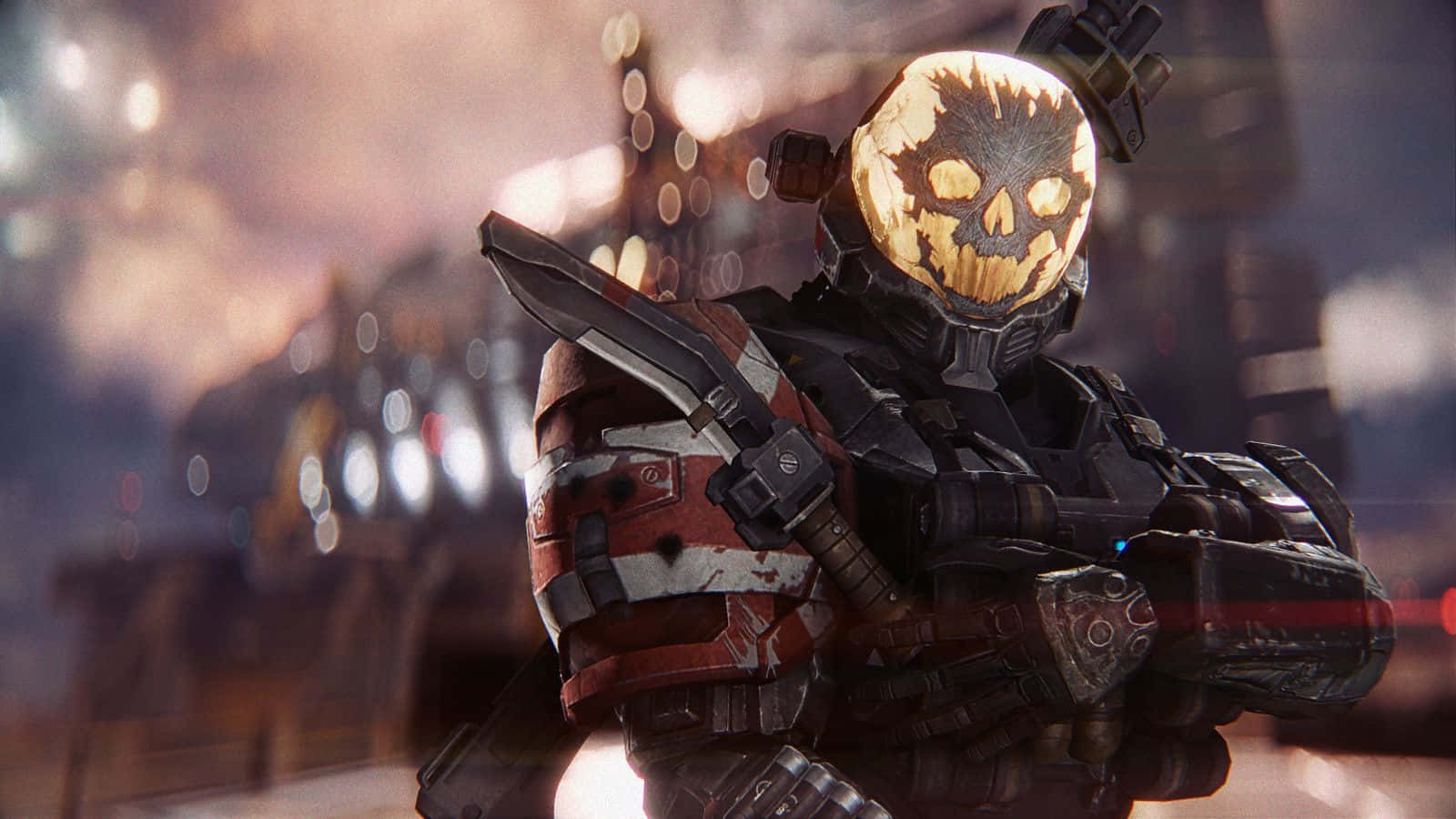 Halo Emile 桌布 壁紙 — 一名身穿重甲、戴著發光骷髏頭盔的士兵，在黃昏時分的煙霧瀰漫城市戰場上站立。