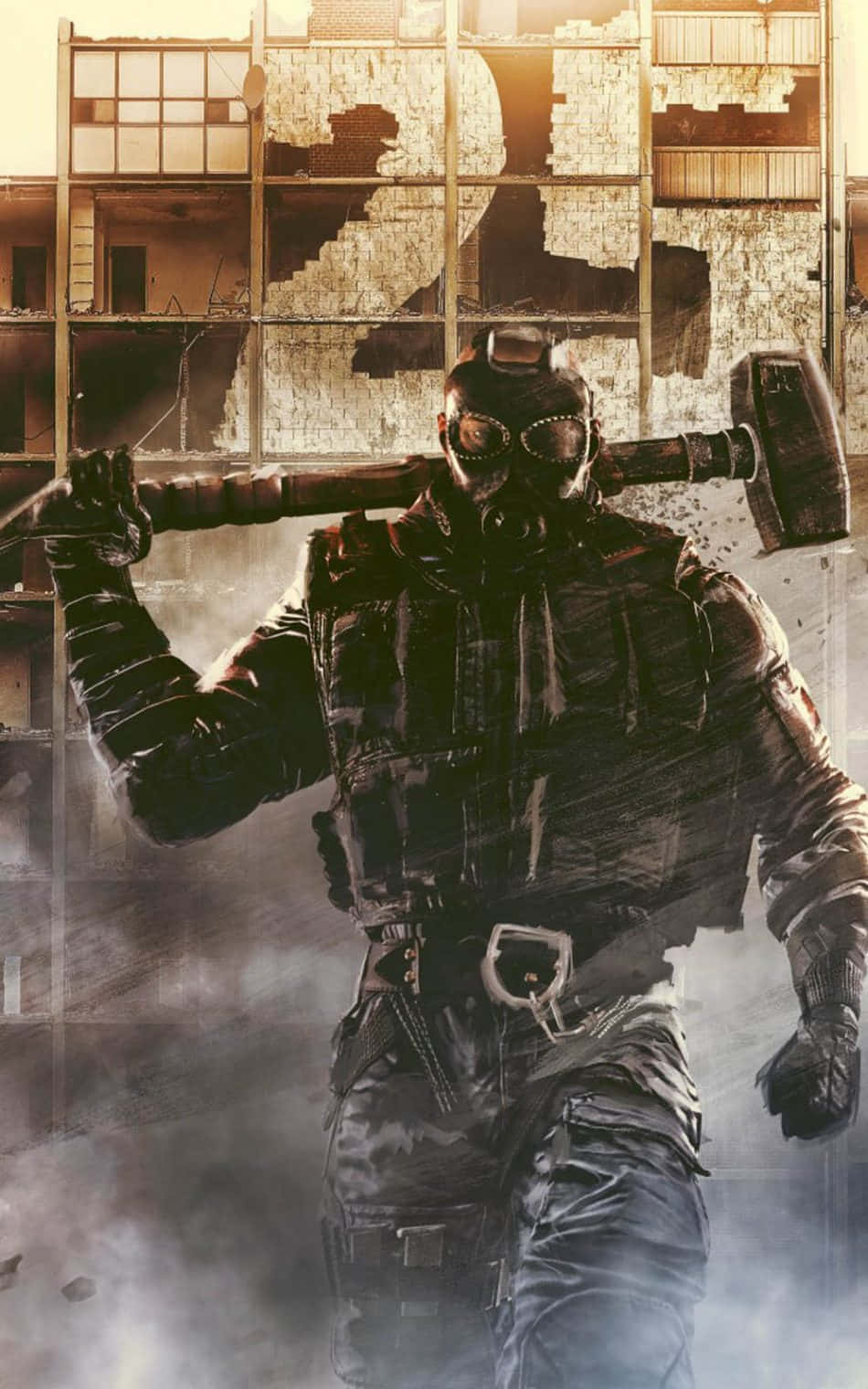 Android Rainbow Six Siege 桌布 壁紙 — 一名身穿重甲、戴著防毒面具的士兵，穿過煙霧瀰漫、窗戶破碎的廢墟建築，手持大錘。