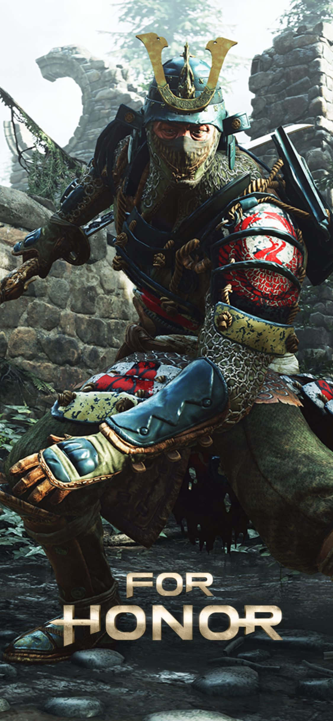 iPhone Xs For Honor 桌布 壁紙 — 一名身穿重甲、戴著骷髏面具的武士戰士蹲在石頭廢墟中，手持武器。