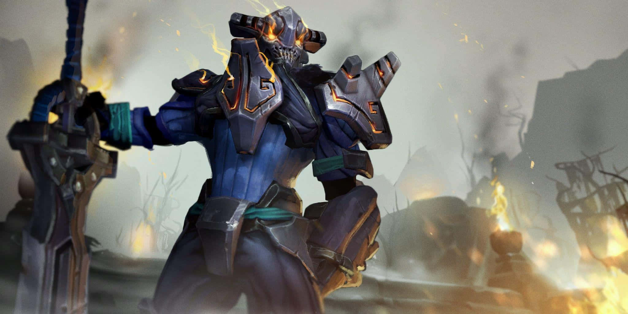 Dota 2 Sven 桌布 壁紙 — 一名身穿重甲、擁有發光橙色眼睛和火焰般特徵的戰士，在煙霧瀰漫的戰場上挑釁地站立，手持一把巨劍。