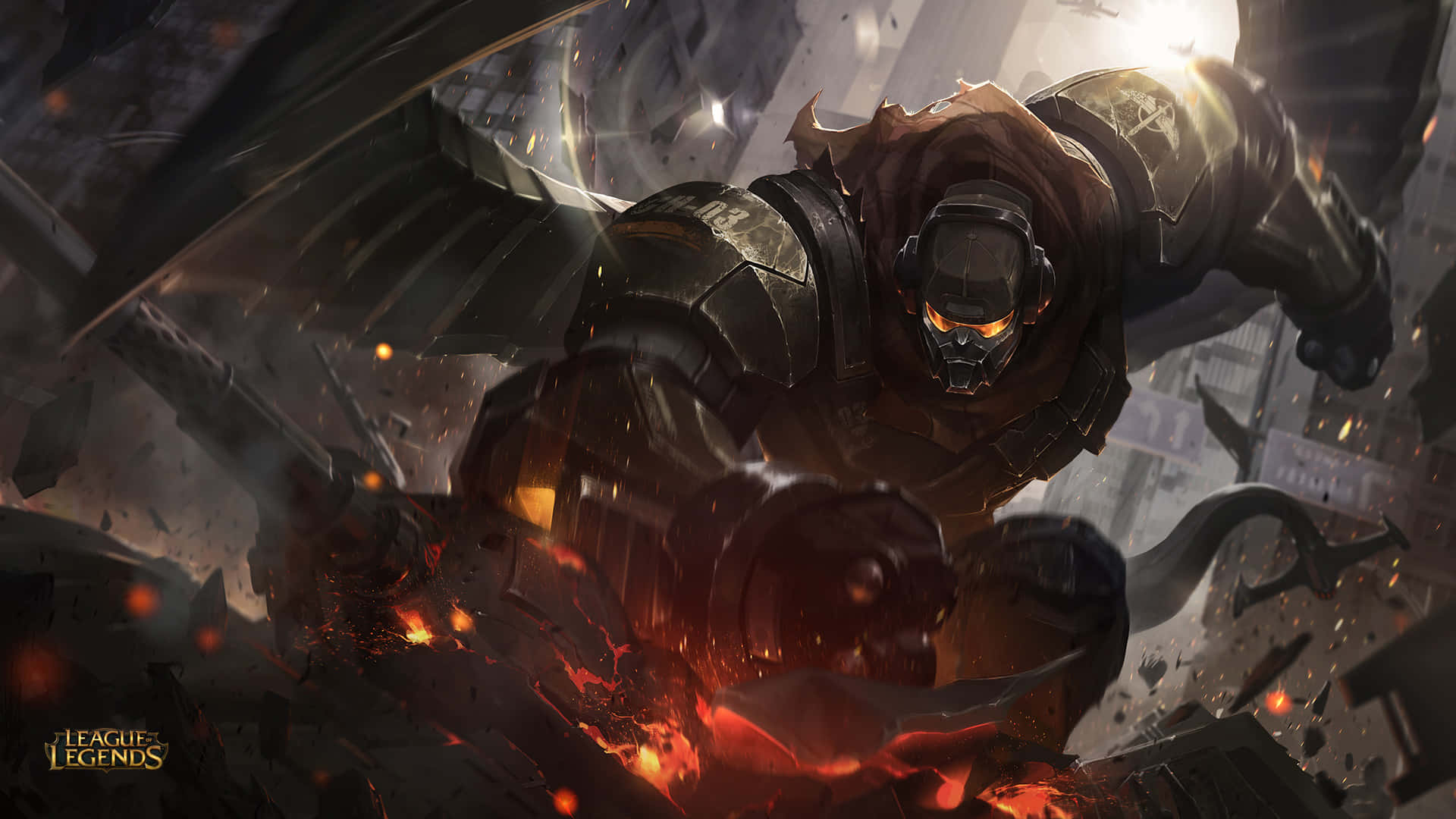 Best League Of Legends 桌布 壁紙 — 一名身穿重甲、擁有發光橙色眼睛的戰士，在燃燒的碎片和墜落的瓦礫中衝過破碎的城市景觀。