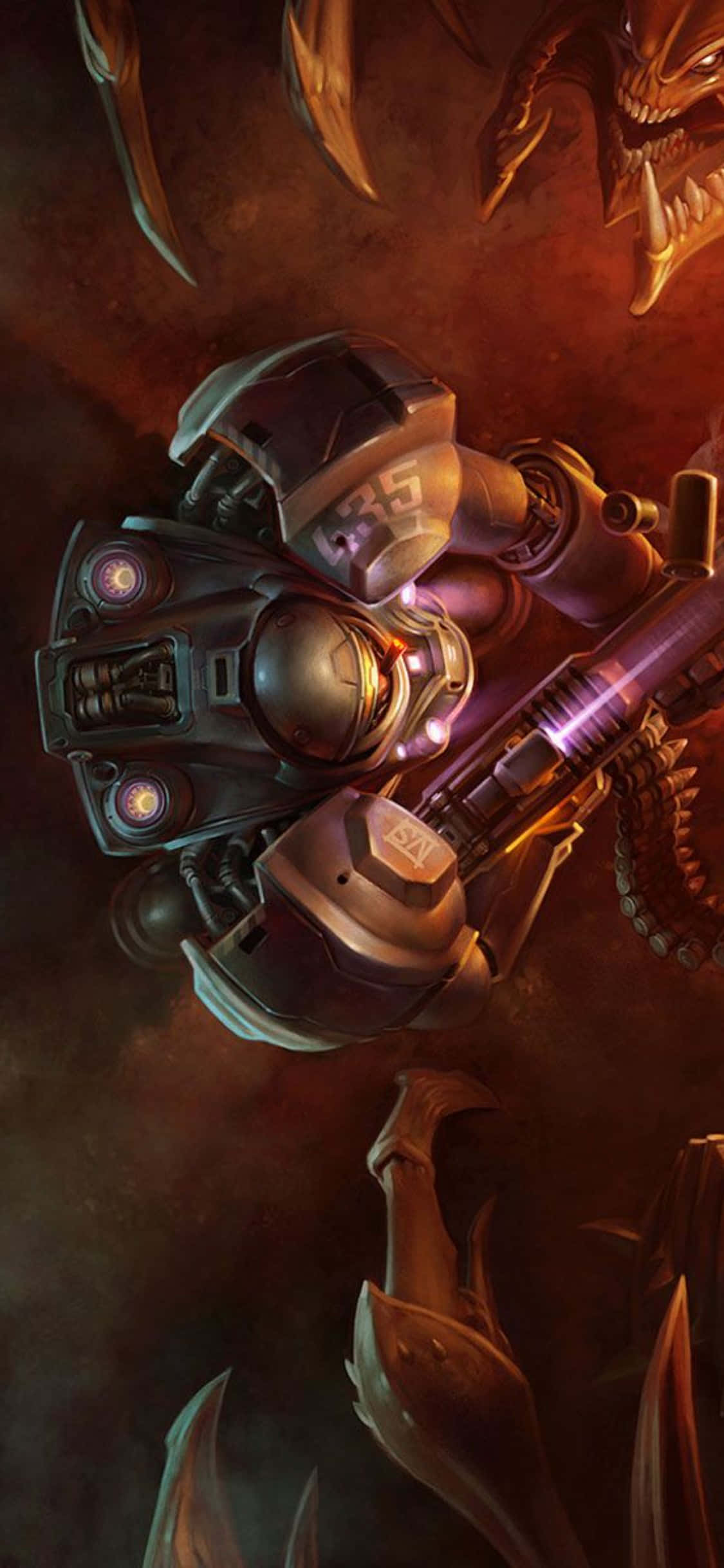 iPhone X Starcraft Ii 桌布 壁紙 — 一名身穿重甲、眼睛發光、手持紫色武器的士兵，在熾熱黑暗的戰場上與怪異的外星生物戰鬥。