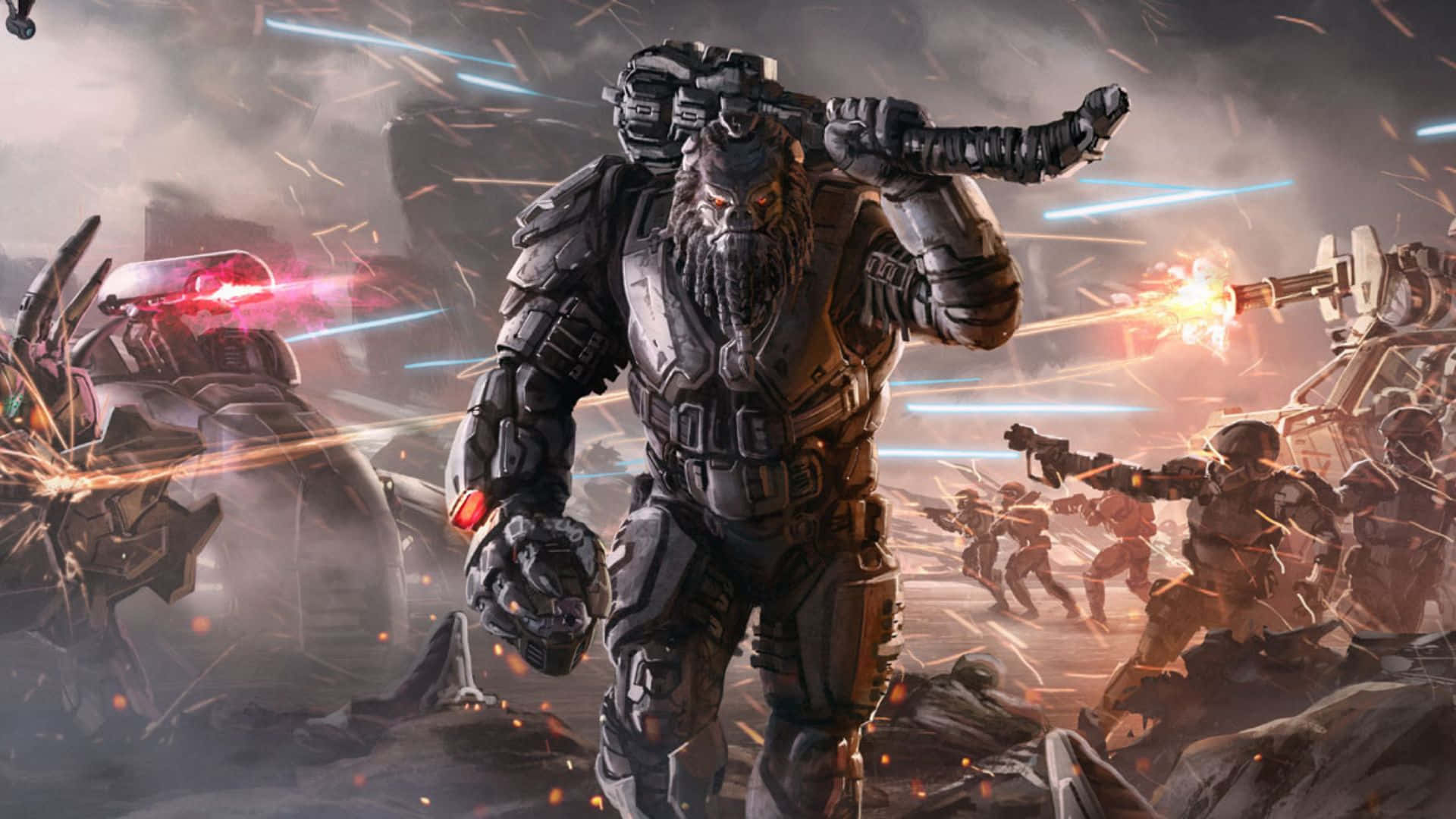 Atriox 桌布 壁紙 — 一名身穿重甲、眼睛發光的戰士在混亂的戰場上前行，周圍爆炸和雷射射擊不斷爆發。