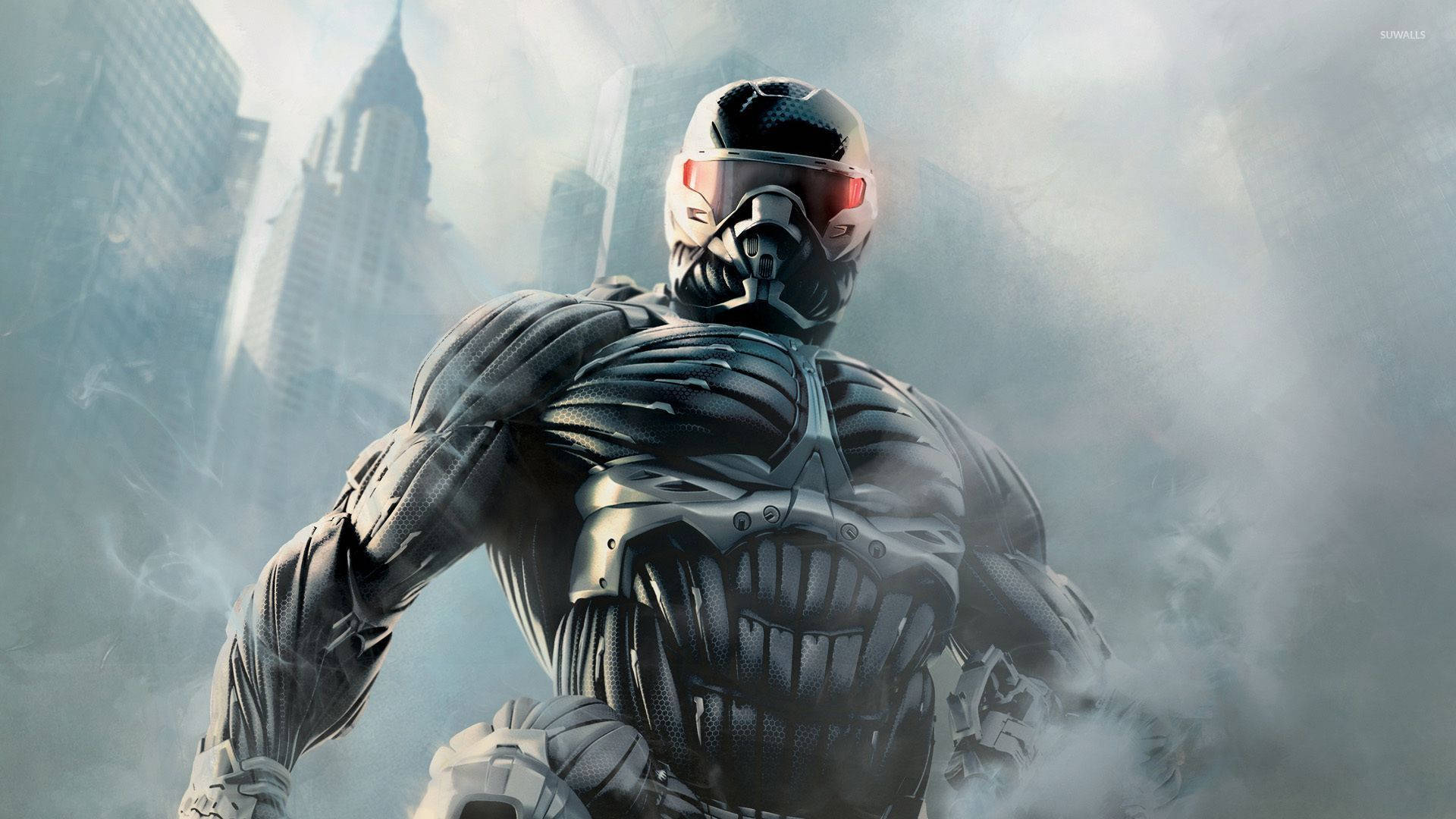Crysis 3 桌布 壁紙 — 一名身穿重甲、雙眼發出紅光的未來戰士，站在煙霧瀰漫的城市天際線中。