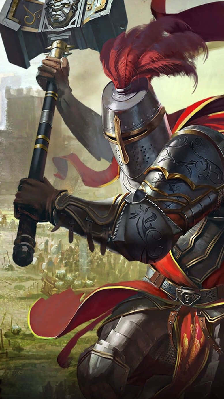 Crusader 桌布 壁紙 — 一名身穿重甲、頭戴紅色羽飾頭盔的騎士，在遠方有城堡的戰場上揮舞著巨大的華麗戰鎚。