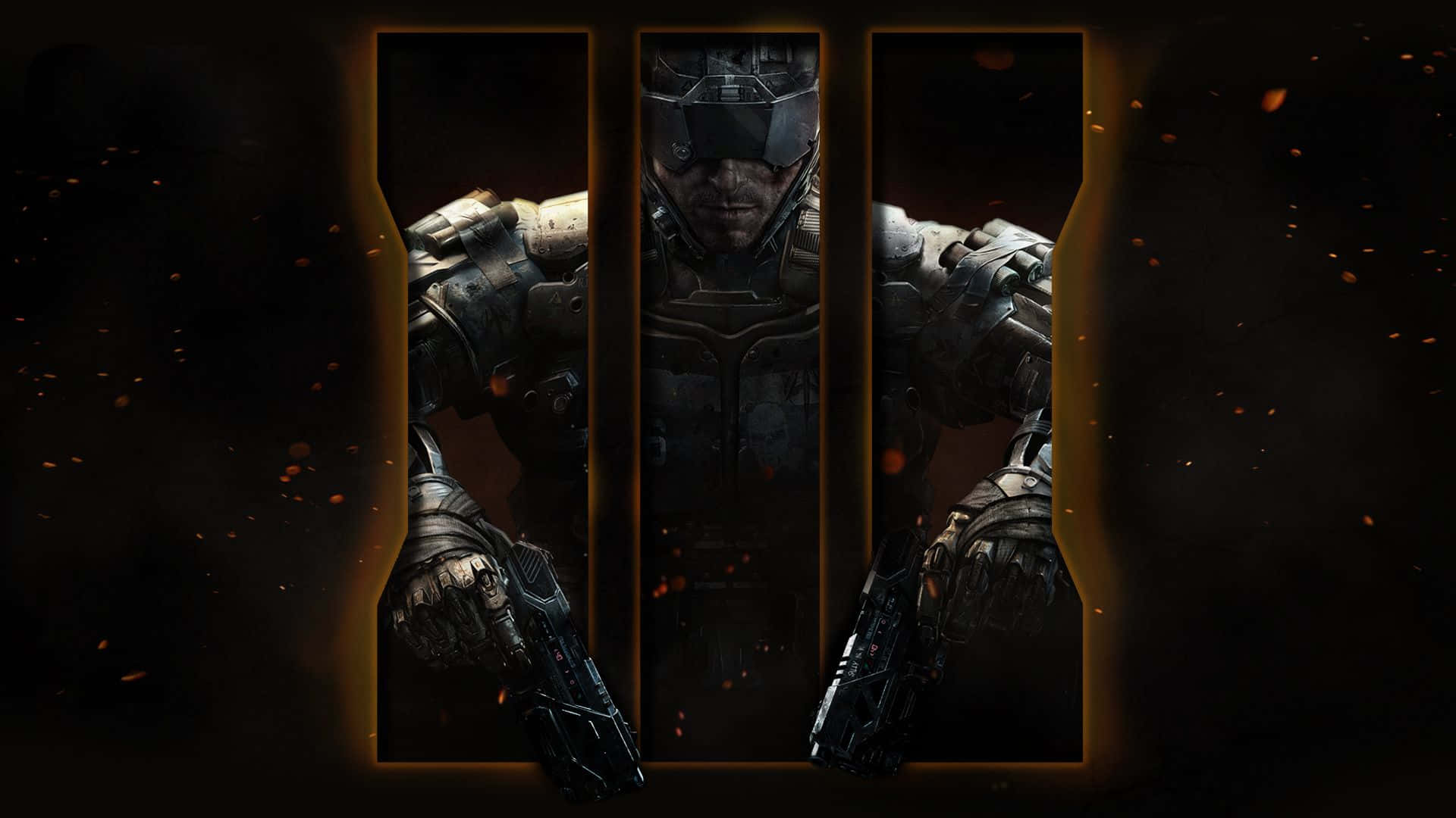 Call Of Duty Black Ops 桌布 壁紙 — 一名身穿重甲、頭戴頭盔、手持雙槍的士兵，站在三個垂直發光面板的框架內，背景黑暗，有漂浮的餘燼。